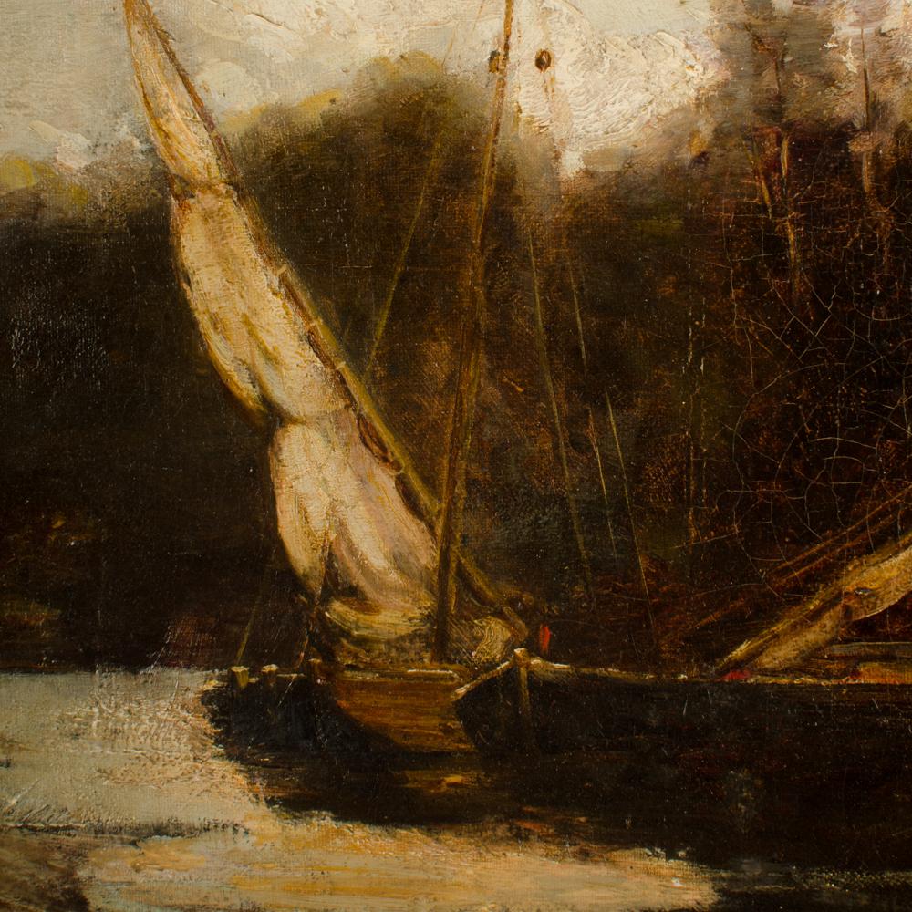 On the canal- Sailboat in canal
 - Oil on canvas, signed lower right and dated '89
 - Unframed.