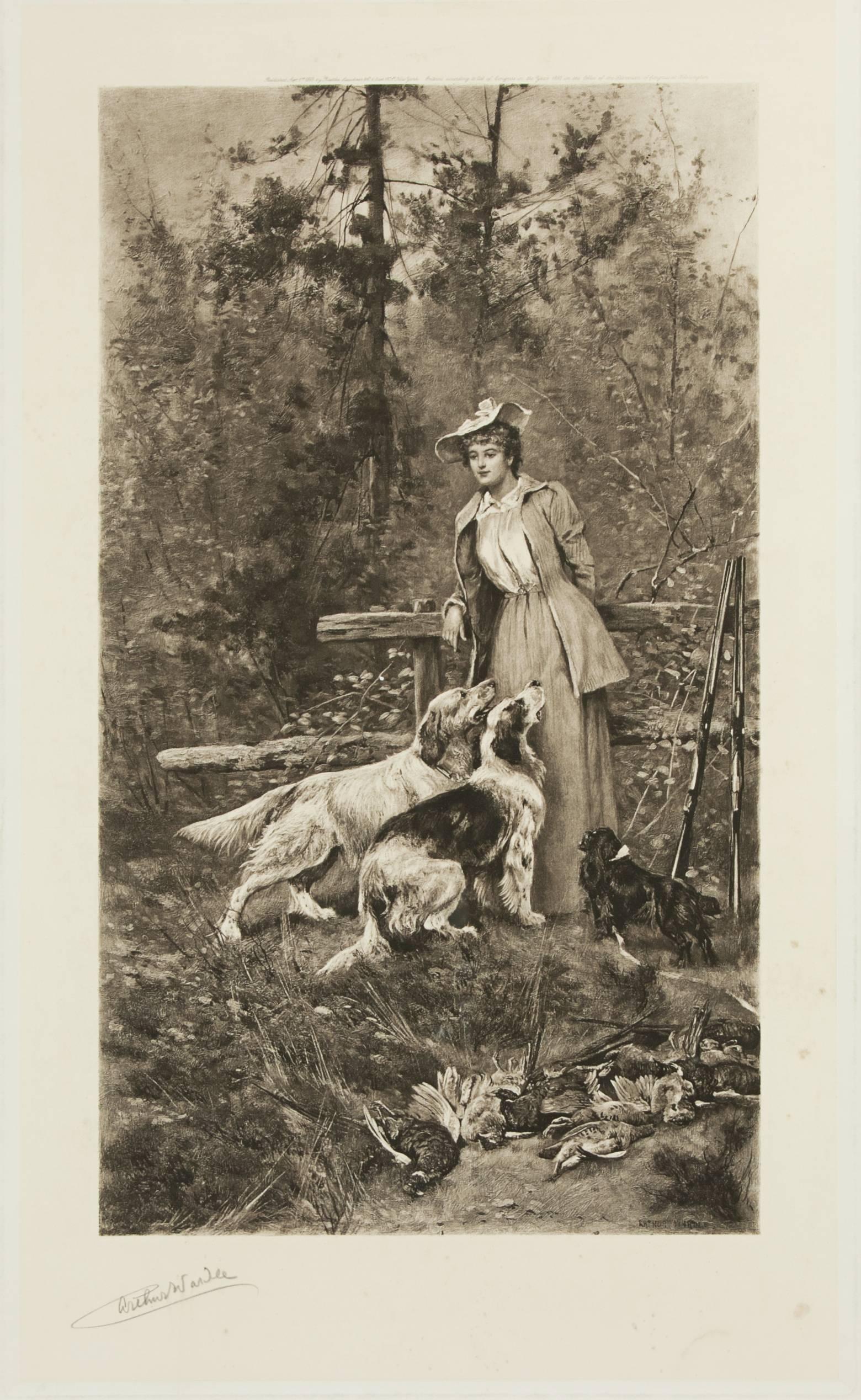 A rare shooting photogravure of a female subject by Arthur Wardle. As well as being unusual to have a female subject it is also an unusual portrait. It is framed and mounted in a modern wooden frame. The feminine shooting picture is signed by the
