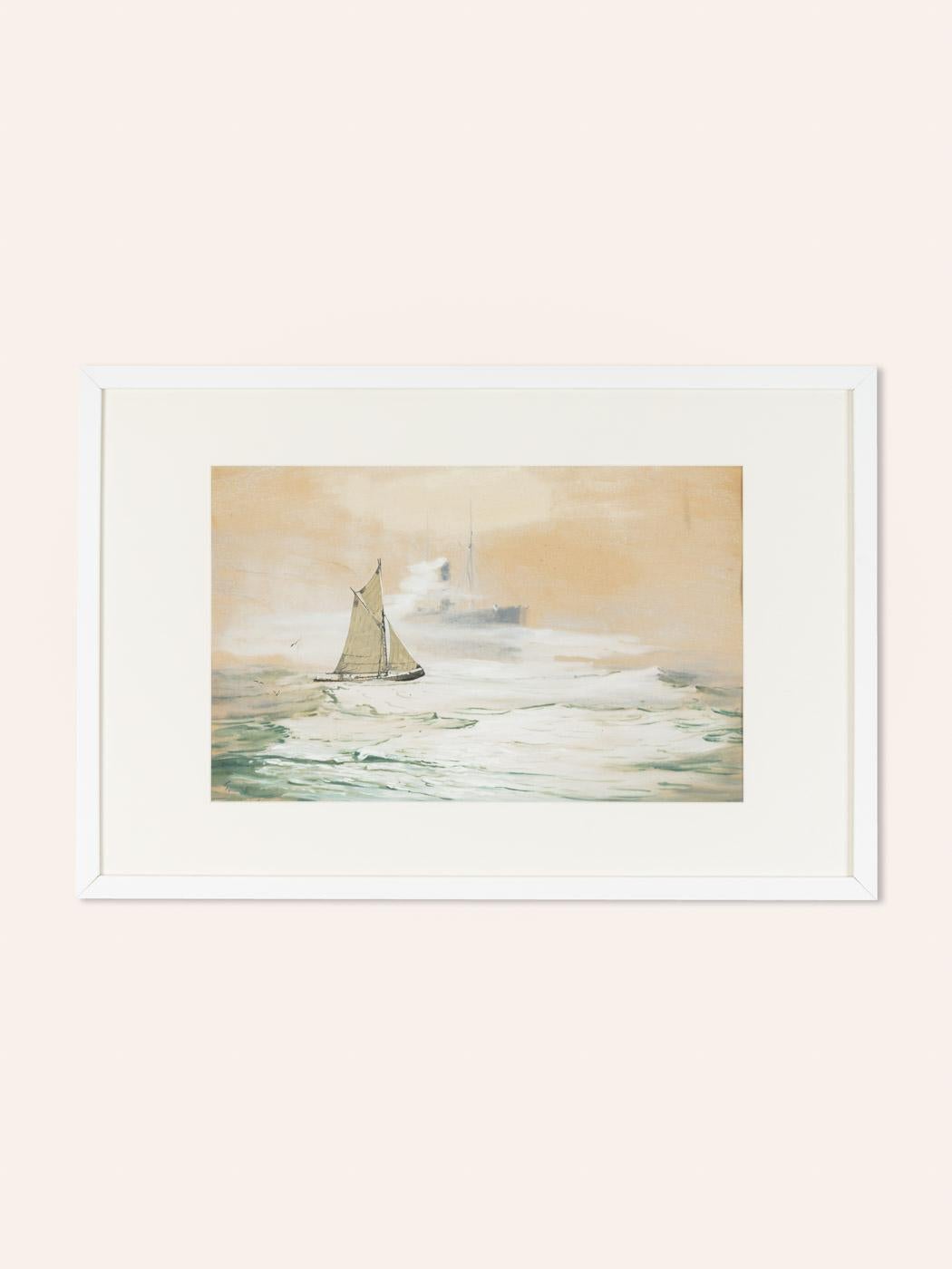 On the High Seas Gouache auf Papier Gerahmt Georg Romin Segelboot Romantisch (Romantik) im Angebot