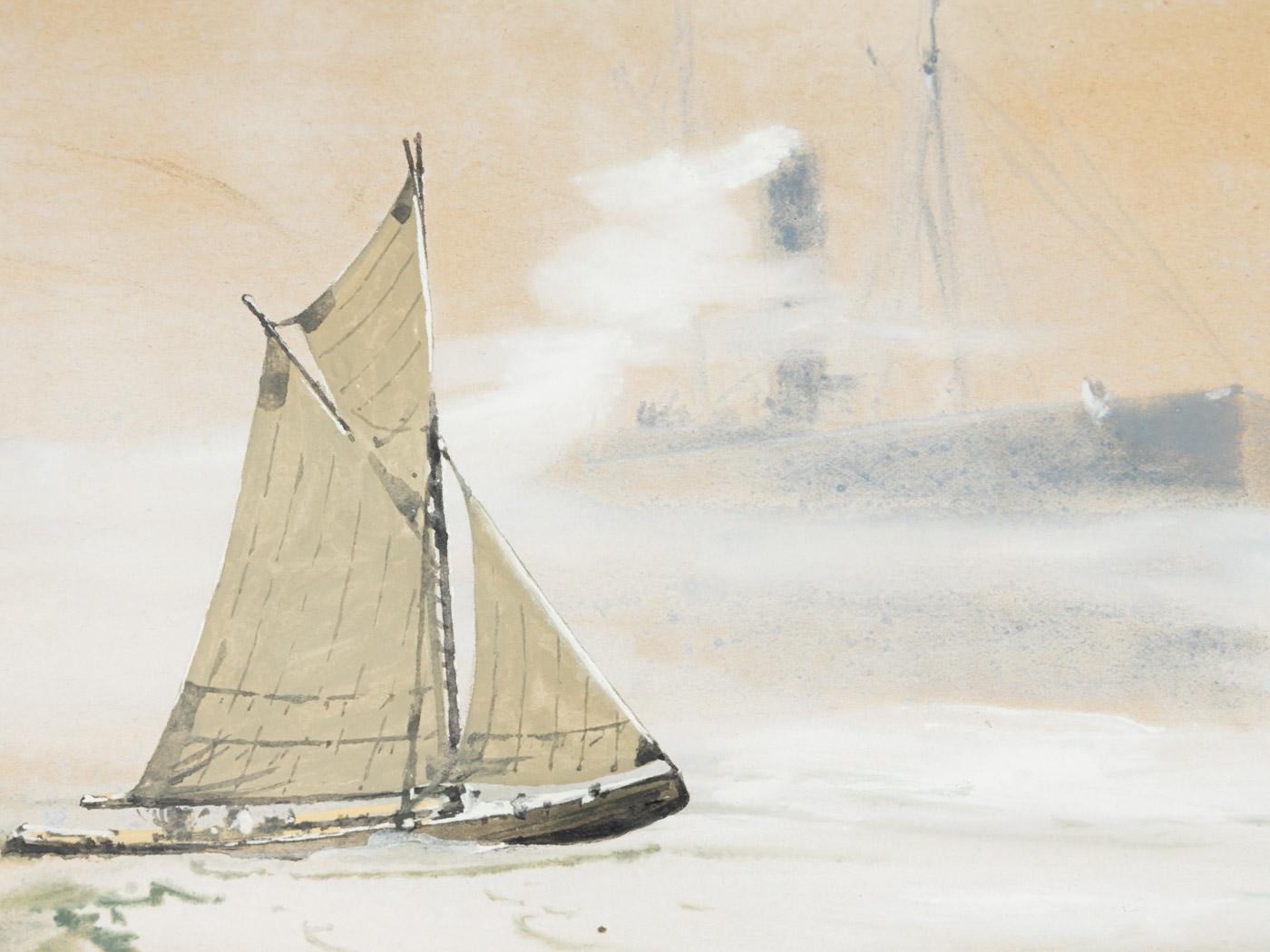 On the High Seas Gouache auf Papier Gerahmt Georg Romin Segelboot Romantisch (Gemalt) im Angebot