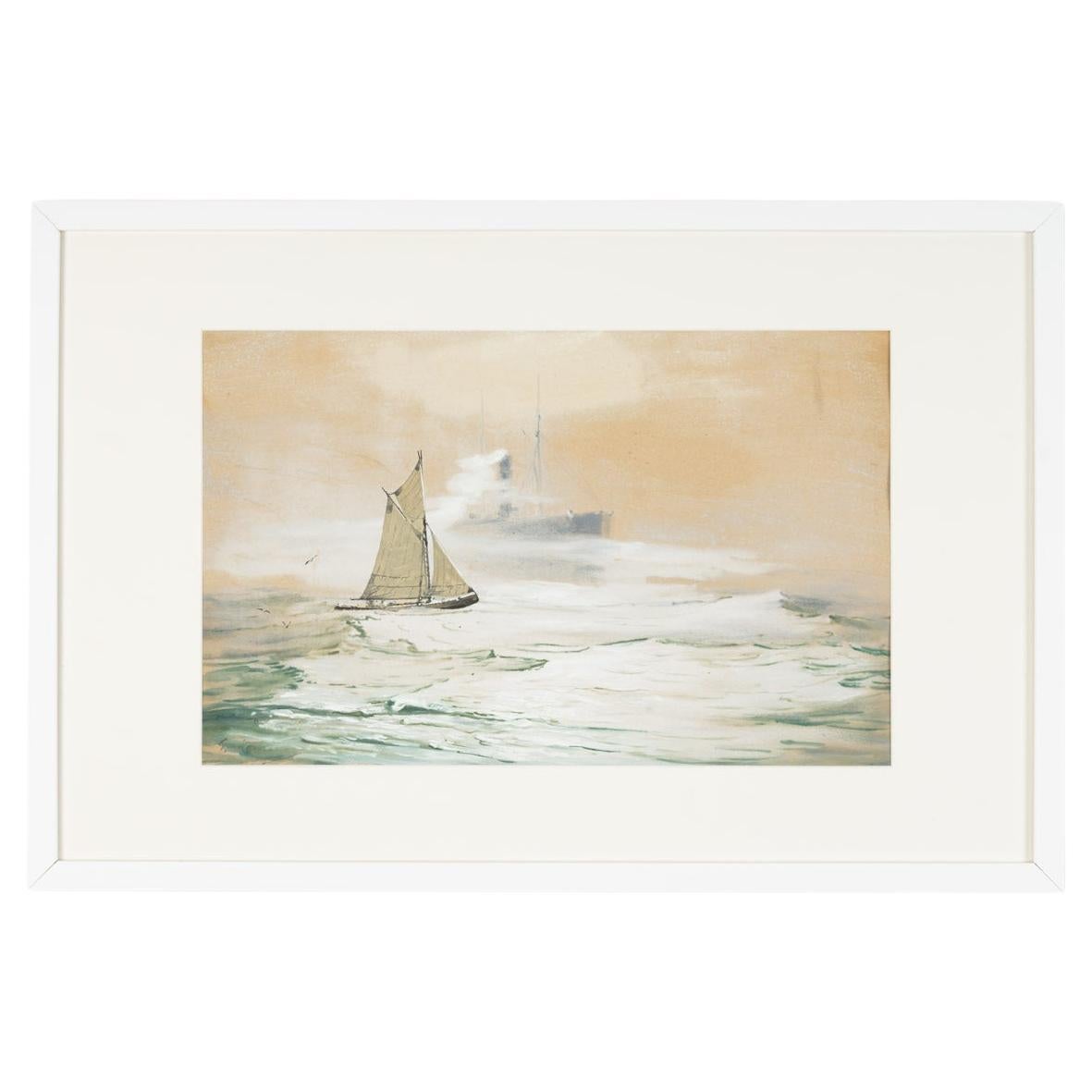 On the high Seas Gouache on Paper Framed Georg Romin Sailing Boat Romantic