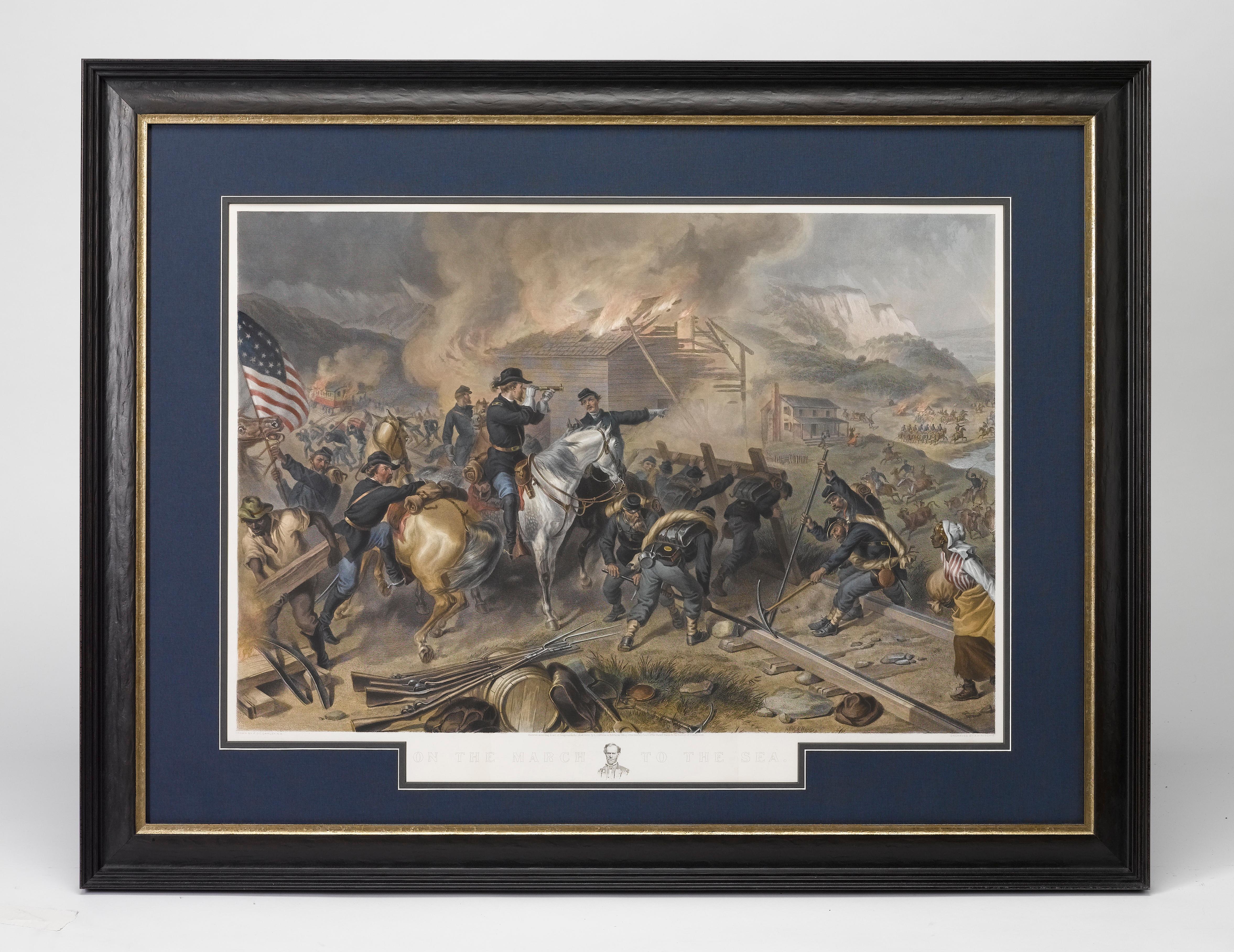 This color print of On The March to the Sea by Felix O.C. Darley, and engraved by A.H. Ritchie, is a stunning portrayal of William T. Sherman’s notorious Georgia Campaign. Originally published in 1868 by L. Stebbins in Hartford, Connecticut, this
