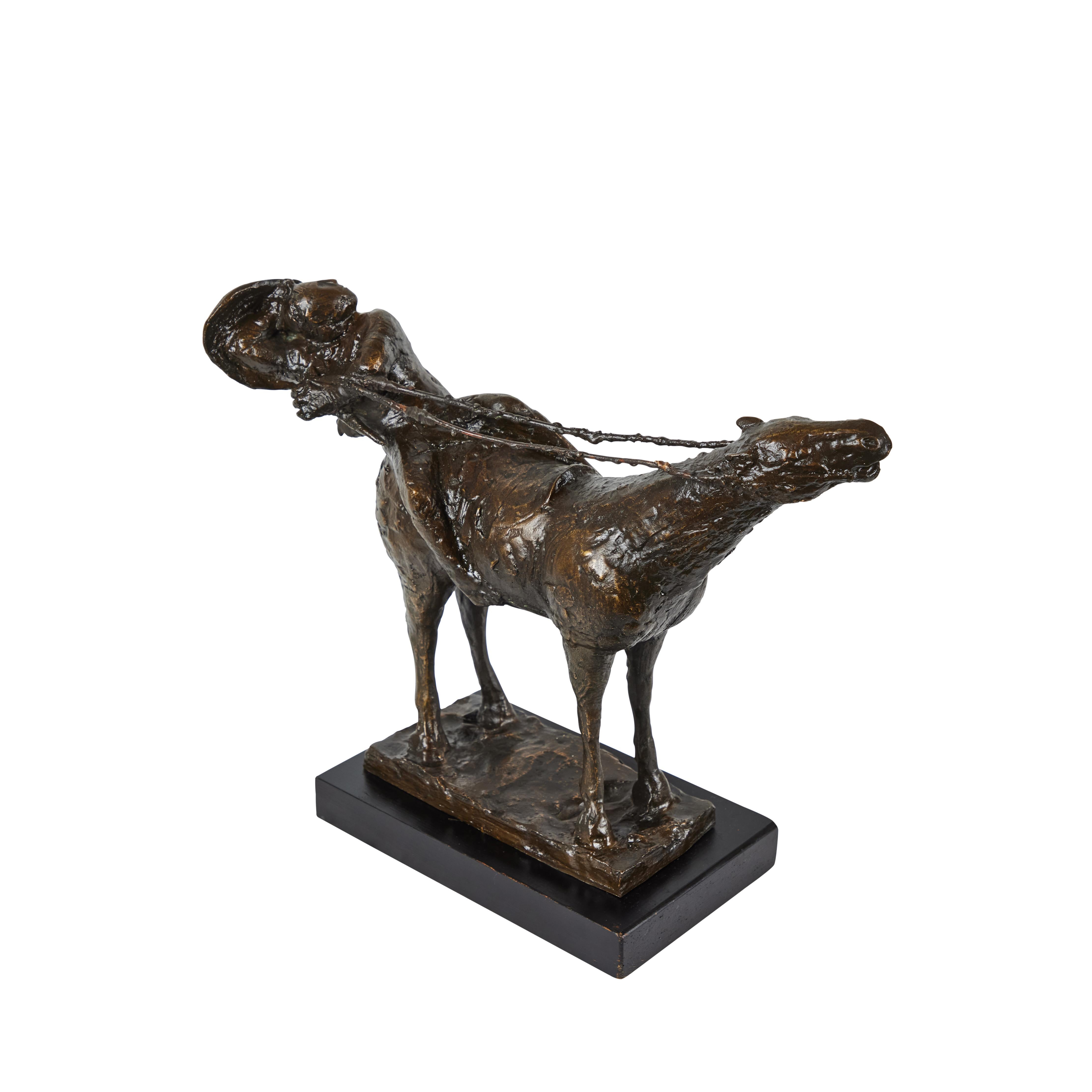 “On The Road” bronze sculpture by Italian sculptor Bruno Lucchesi (b. 1926).  Mounted on an ebonized wood base.