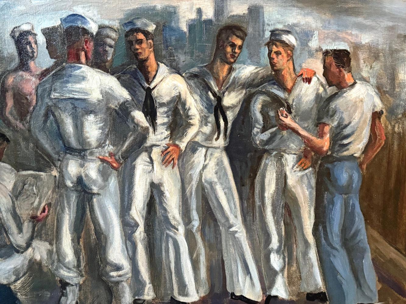Painted just after the end of World War II in a style that could be called Art Deco meets Mid Century, this striking painting depicts nine sailors in their Navy uniforms, most of them quietly conversing while one of them is seated, reading the