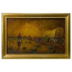 "On to the Promised Land" Unsigned Oil on Board Depicting the Oregon Trail