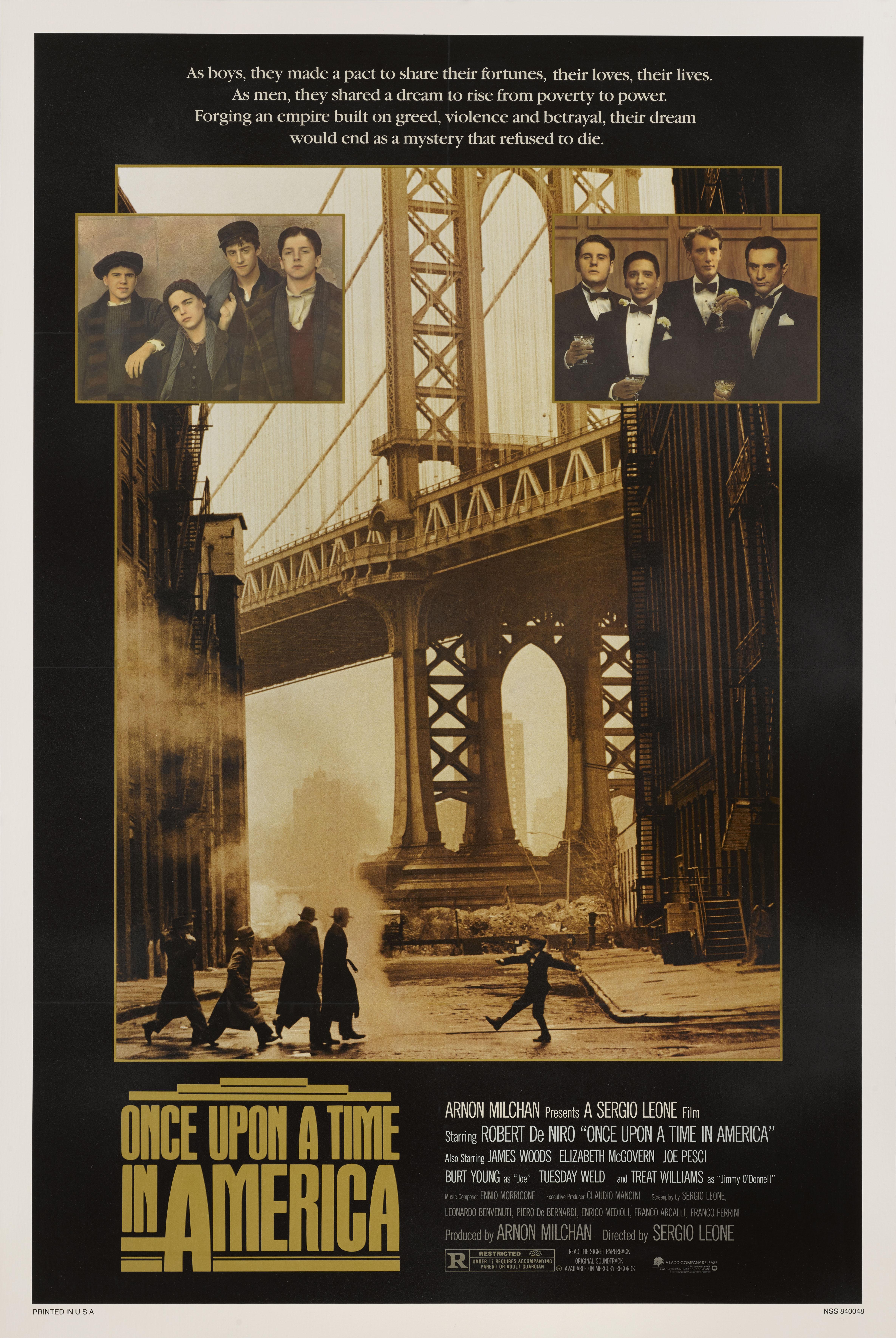Original US movie poster for Sergio Leone'd classic 1984 gangster film starring Robert De Niro, James Woods and Joe Pesci. This poster is conservation linen backed and would be shipped rolled in a strong tube.