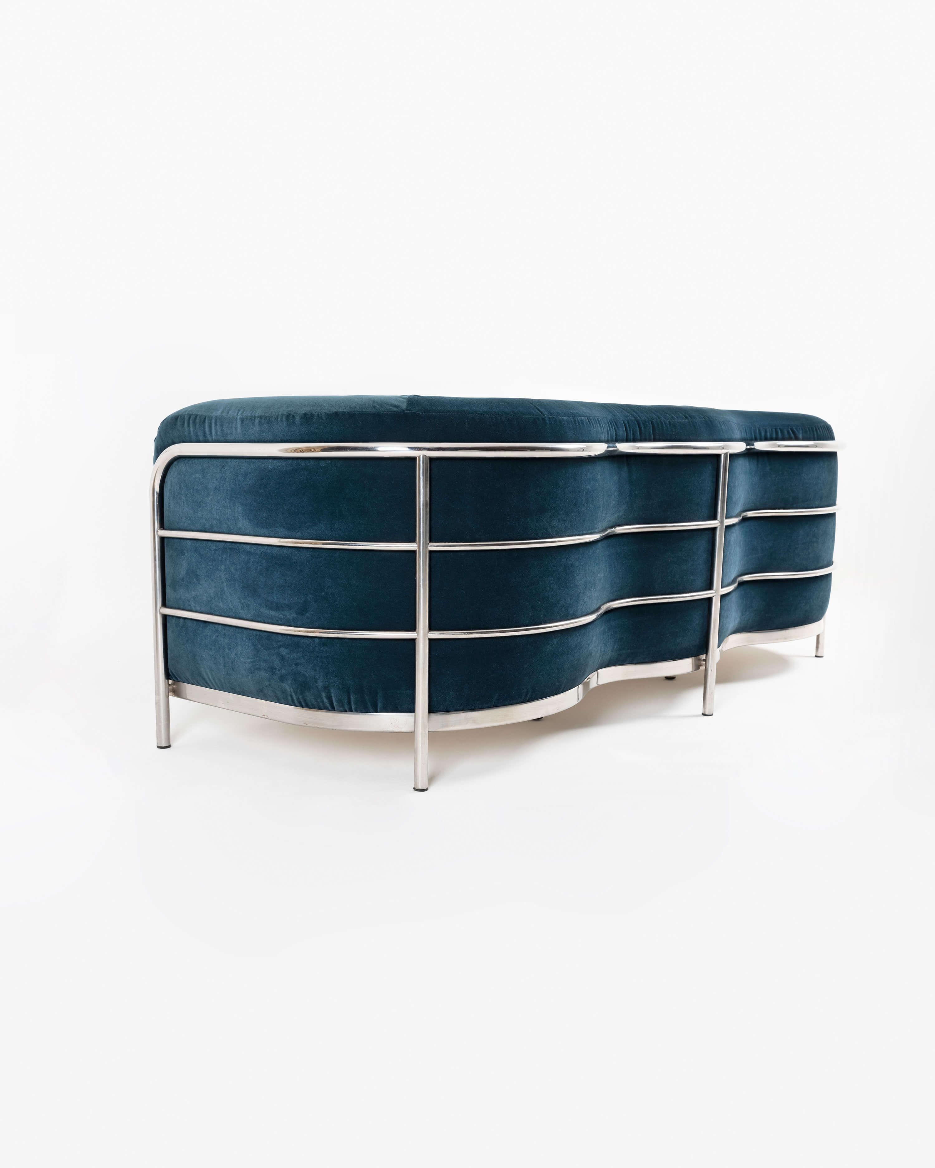 Italian Onda 3-Seater Sofa for Zanotta, Chrome Steel Frame, Teal Velvet Upholster, 1970s For Sale