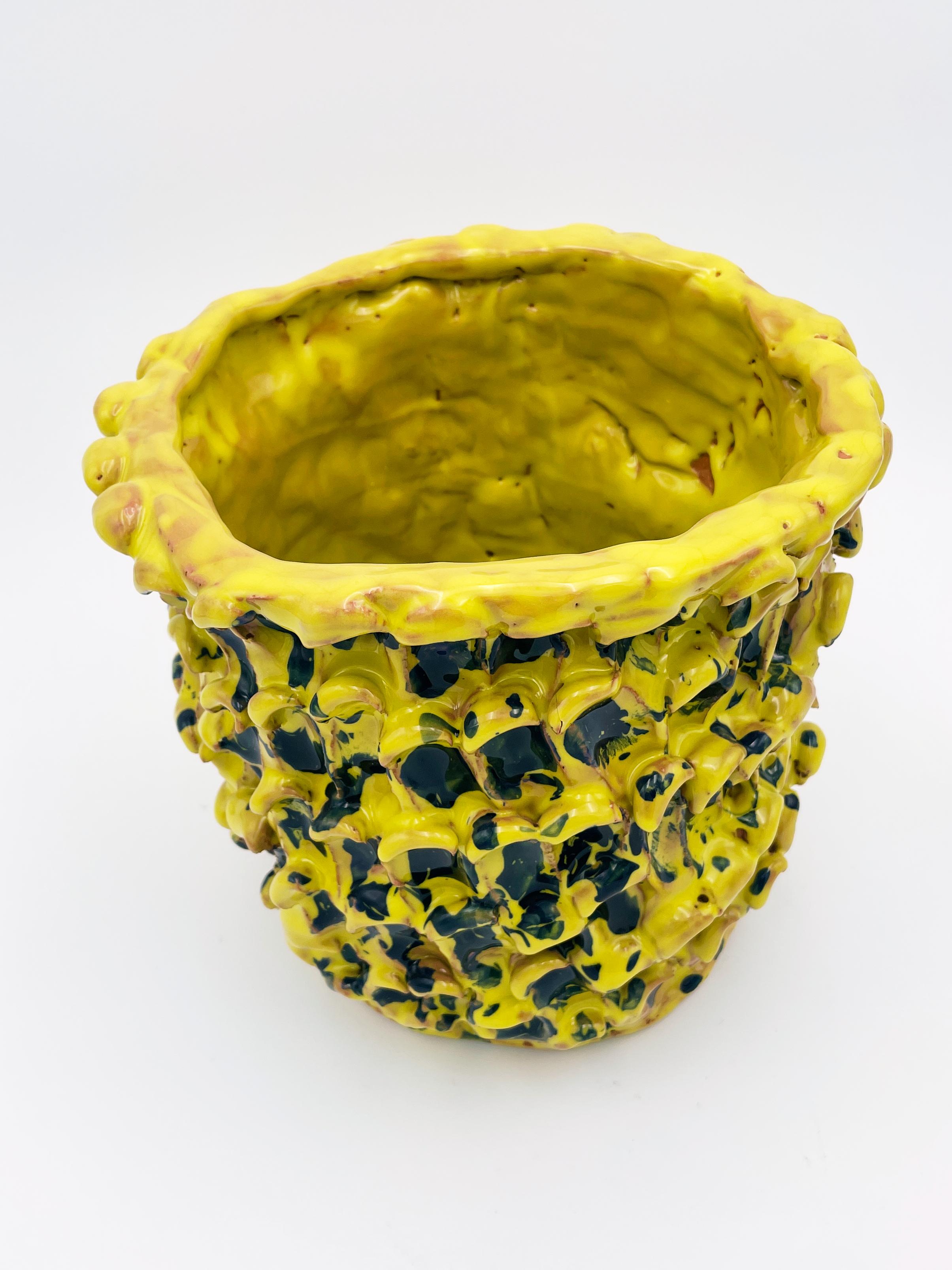 Contemporary Onda Vase, in Cadmium Yellow and Izmir Blue 01 For Sale