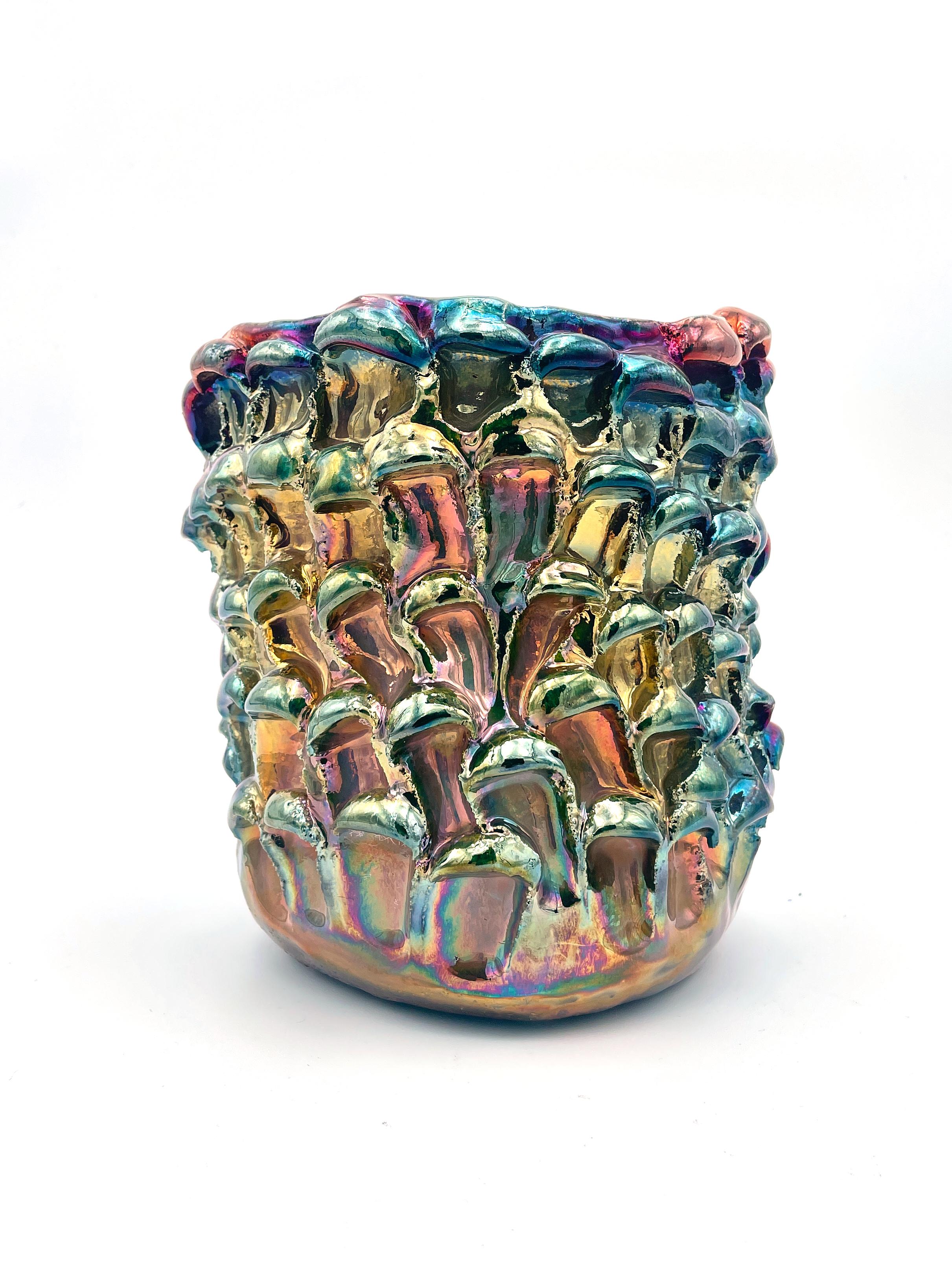 Italian Onda Vase, Iridescent Metallic Raku N. 02 For Sale