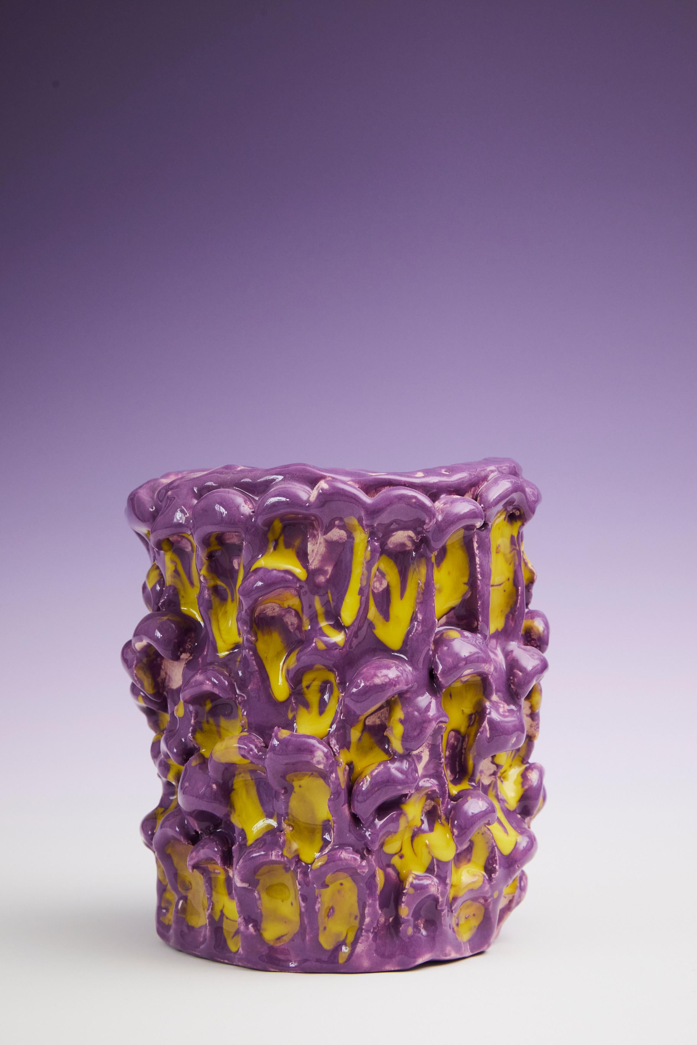Contemporary Onda Vase, Velvet Purple and Lemon Yellow 01 For Sale