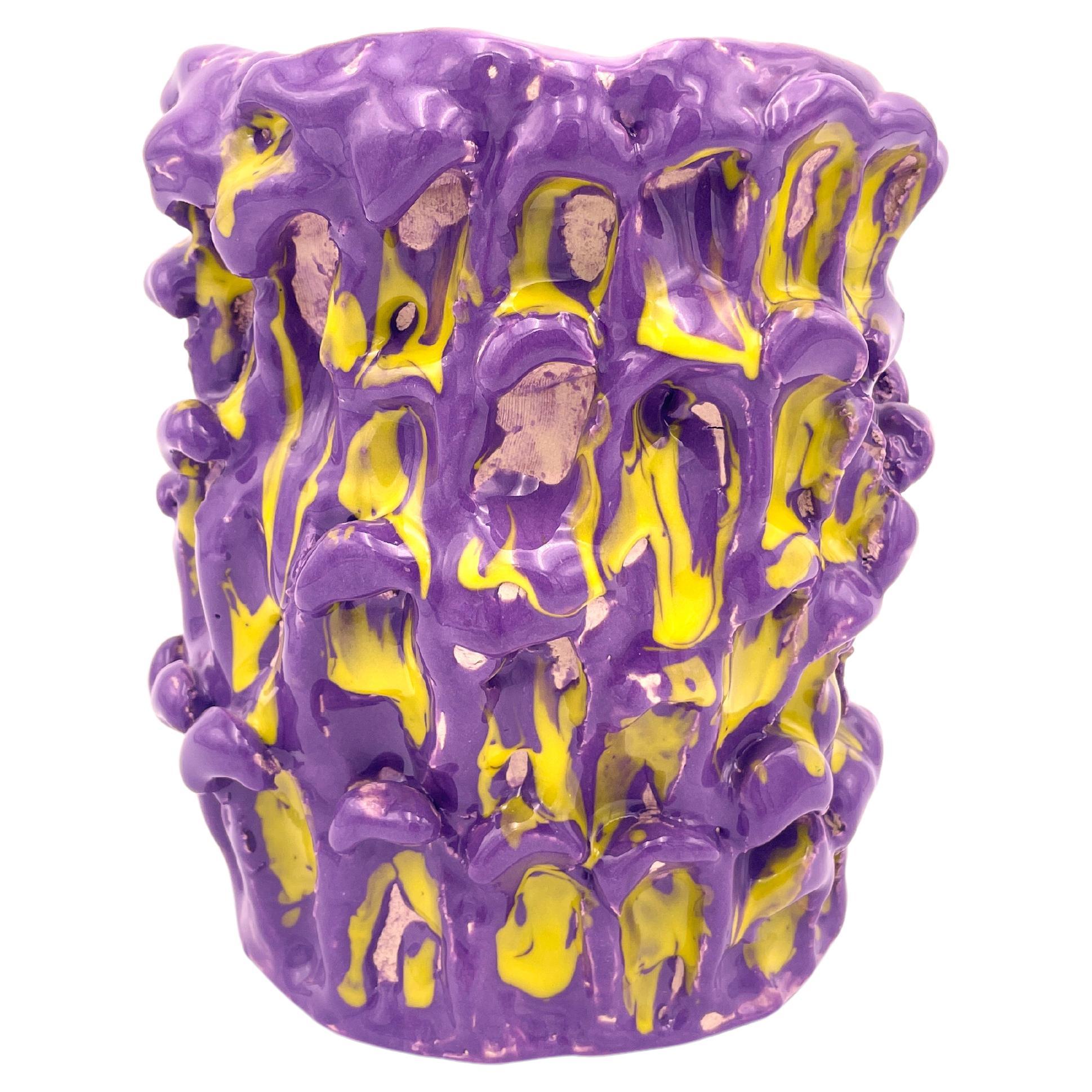 Vase Onda, velours violet et jaune citron 01 en vente