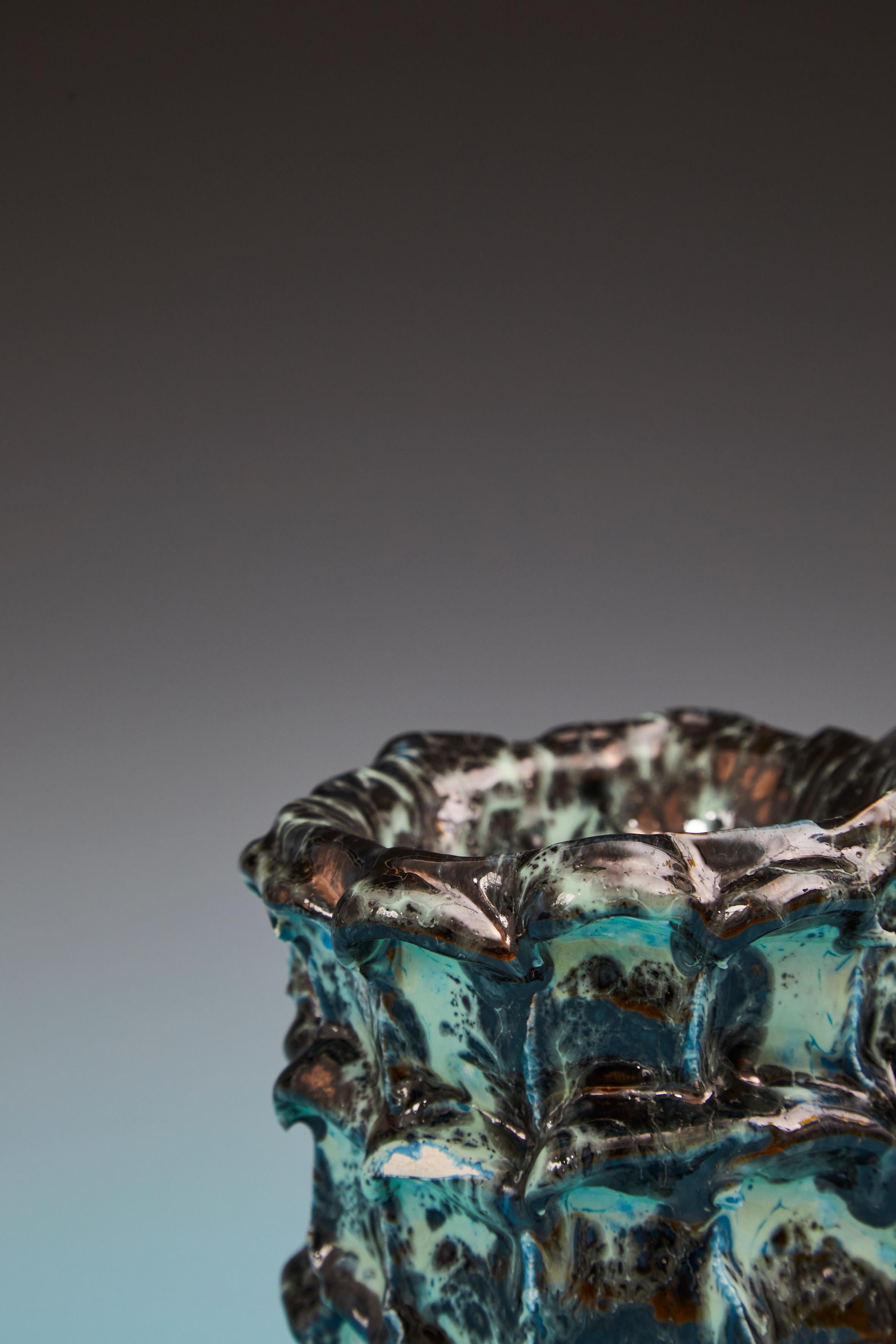Glazed Onda Vase, Metallic Tiffany and Turquoise 01 For Sale