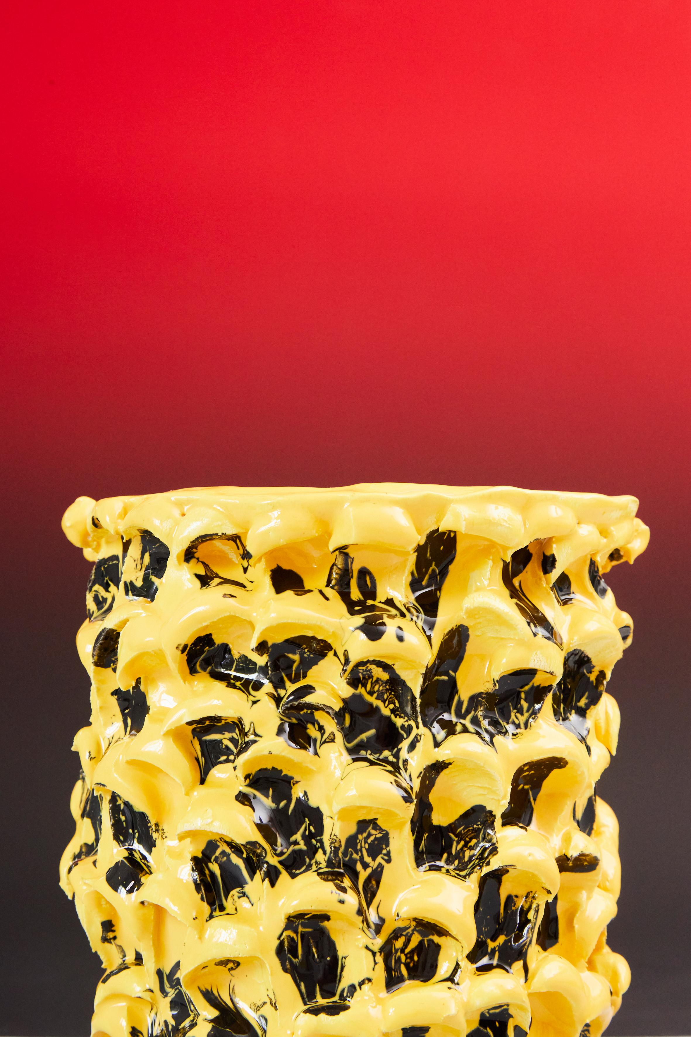 Italian Onda Vase, Sunflower Yellow and Shiny Black 01 For Sale