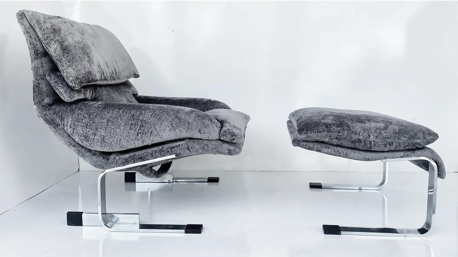 Italian Onda Wave Chair and Ottoman Giovanni Offredi for Saporiti Attributed, 1970s  For Sale