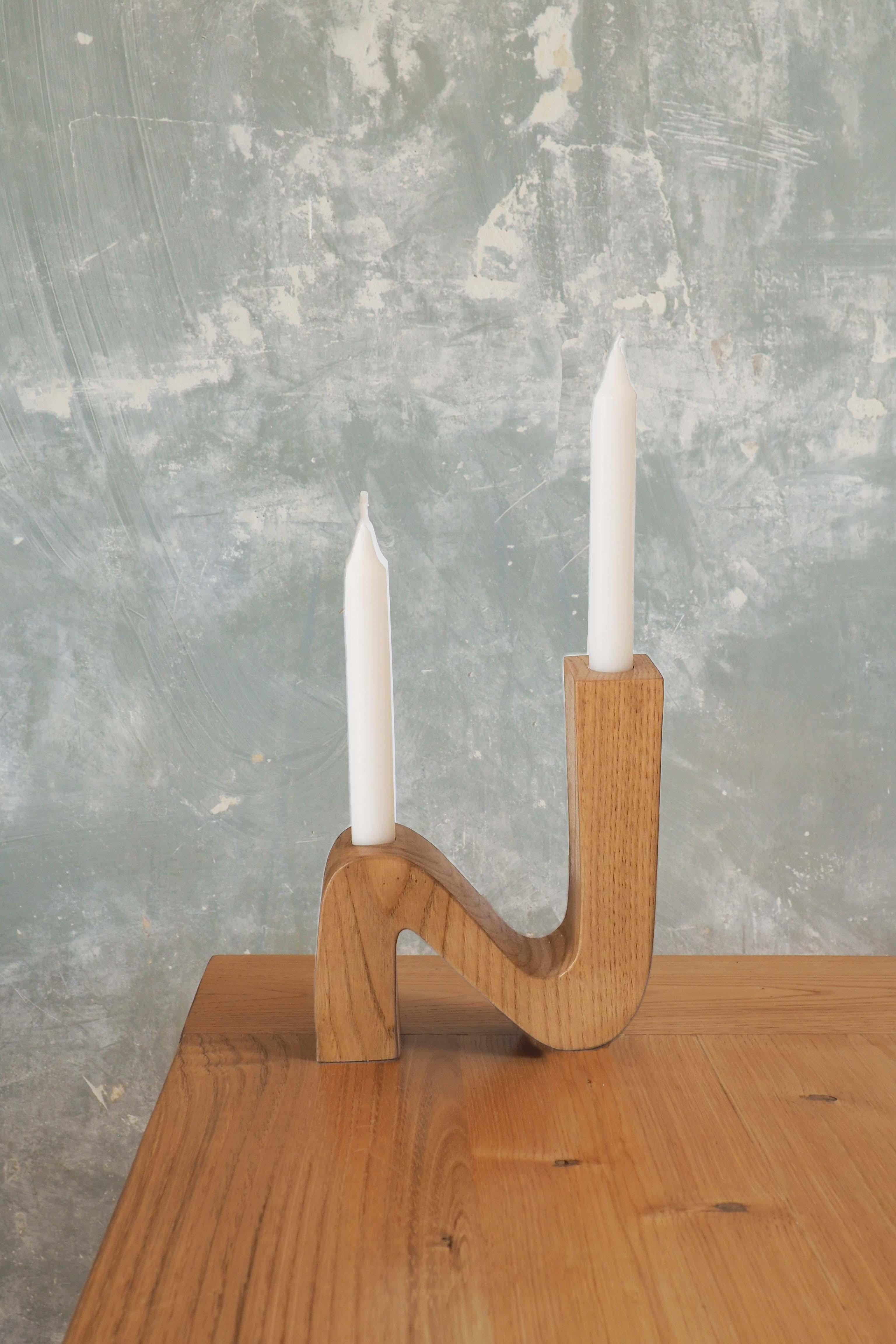 Varnished ONDE candlestick, chesnut wood, handmade in France, OROS Edition For Sale