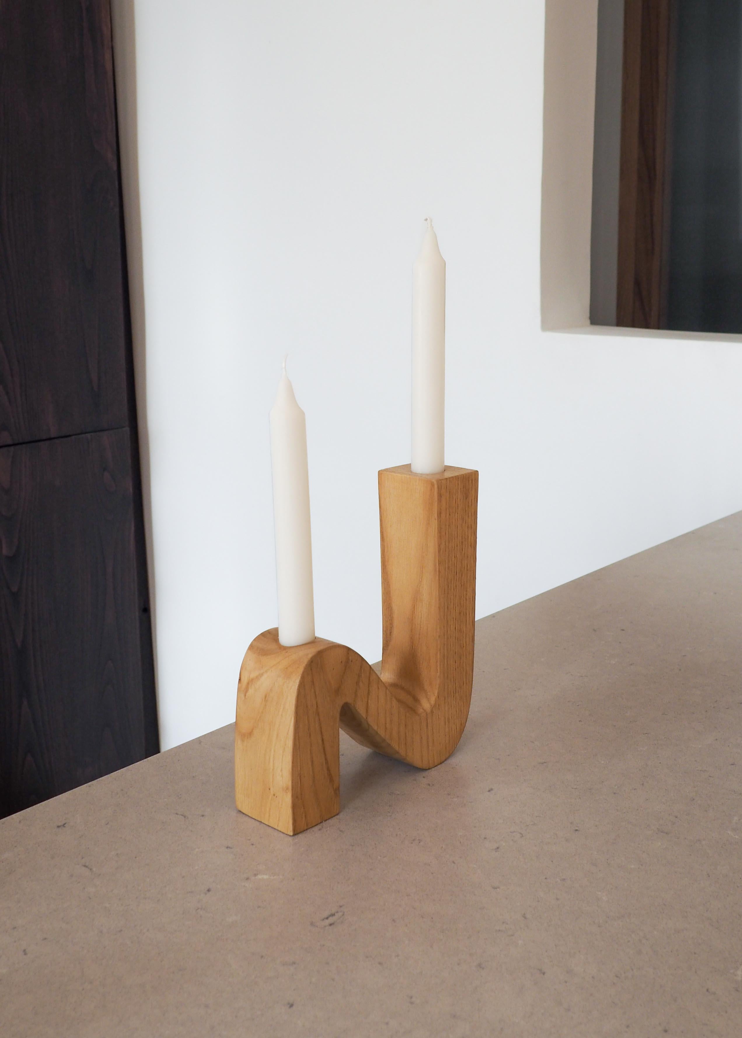 Minimalist ONDE candlestick, chesnut wood, handmade in France, OROS Edition For Sale