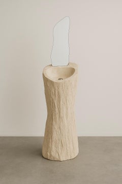Ondina Unique Wash Basin in Carved Travertine & Glass by Andres Monnier