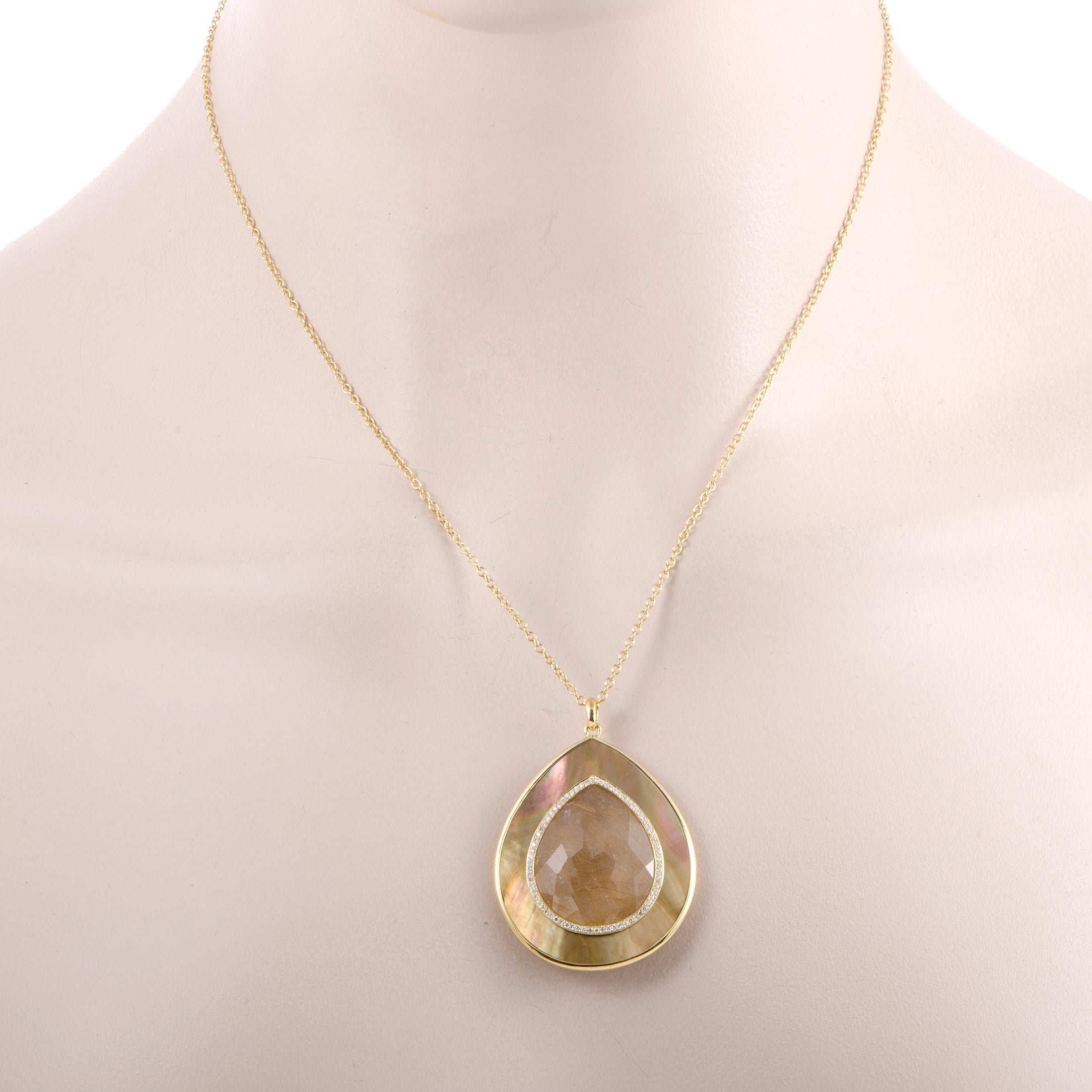 The ever-alluring mother of pearl and captivating rutilated quartz produce an unparalleled sophisticated effect in this stunning Ippolita necklace designed for the extraordinary “Ondine” collection. The necklace is made of elegant 18K yellow gold