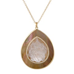 Ondine Diamond Rutilated Quartz and Mother of Pearl Yellow Gold Pendant