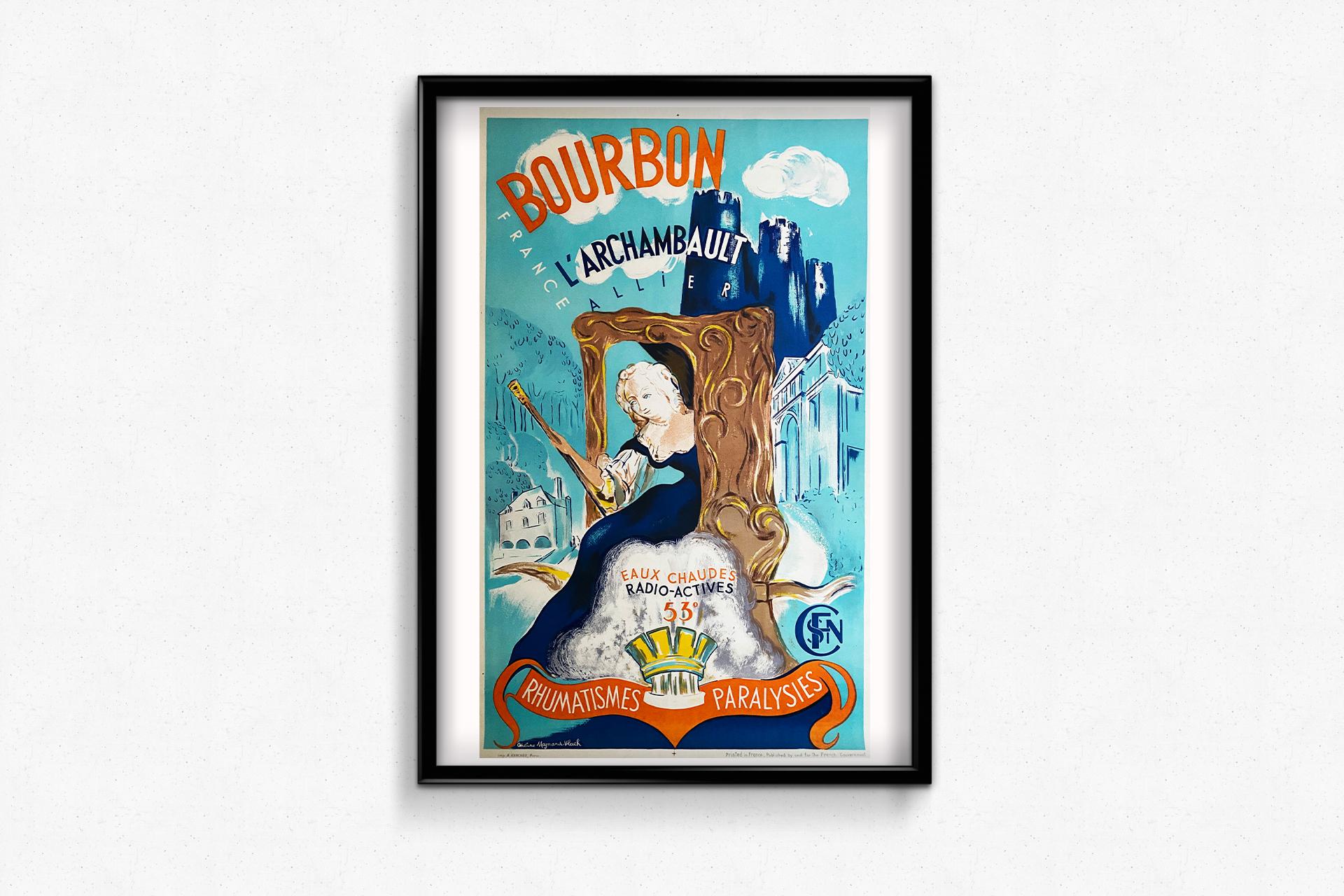 This lovely original poster was created by Ondine Magnard-Vlach 🇫🇷 (1904-1968), a French painter. Her work includes this beautiful poster commissioned by the SNCF in 1937. This original poster promotes Bourbon-L'Archambault, a spa town in the