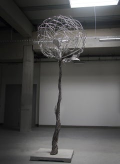 Tree in the Box by Ondřej Oliva - monumental aluminium sculpture, silvery metal