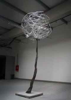 Tree in the Box by Ondřej Oliva - monumental aluminium sculpture, silvery metal