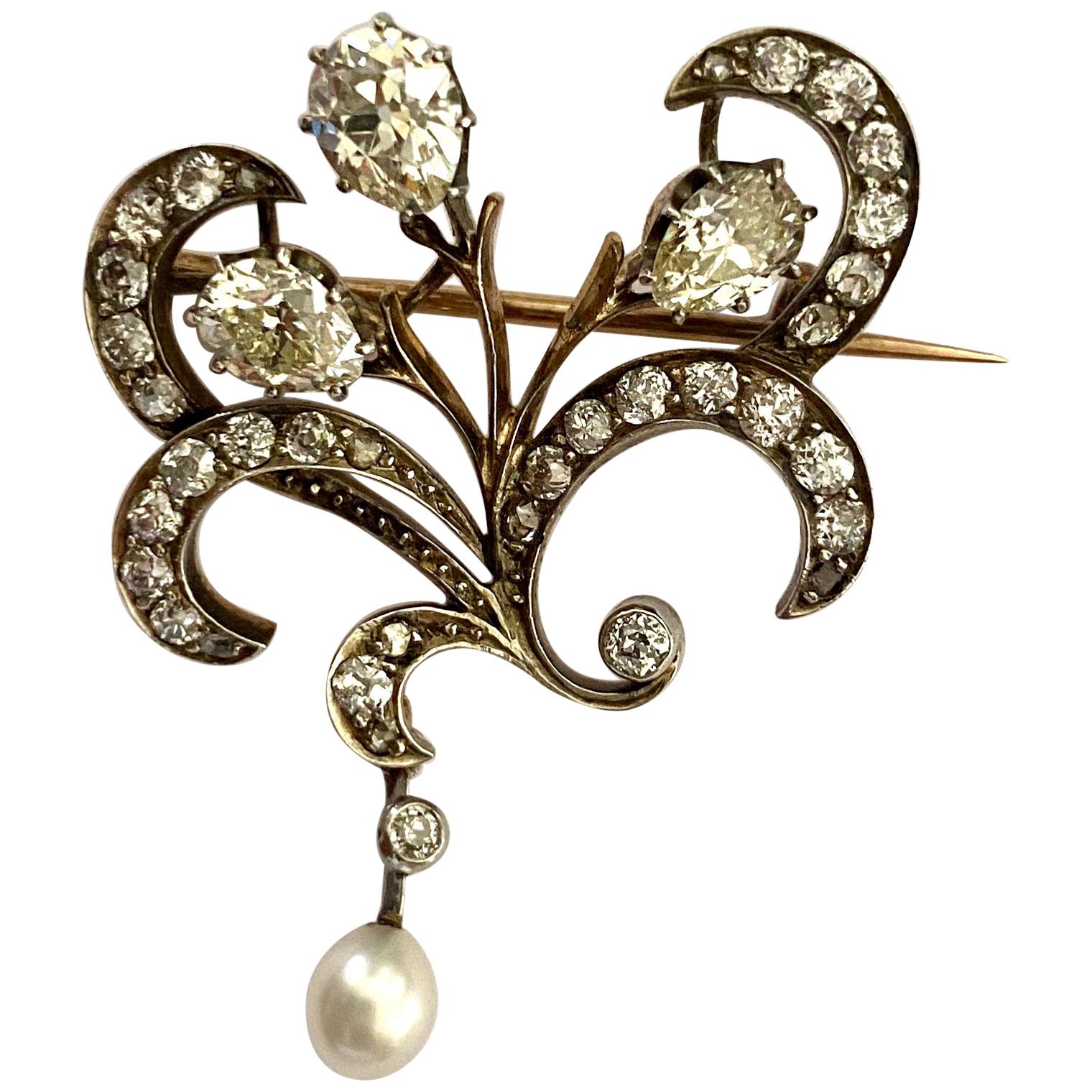 One '1' 14 Karat Yellow Gold, Silver Diamond Brooch, Signed Holland, 1925 For Sale