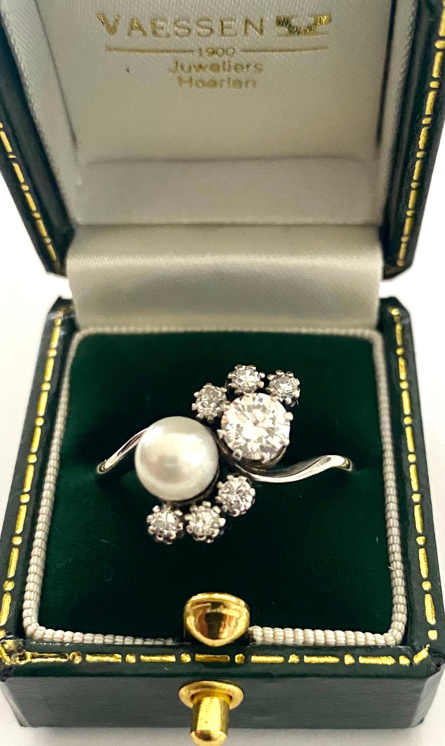 One '1' 14 Karat Gold Ring, Set with Diamonds and One '1' Cultured Pearl, 1940 2