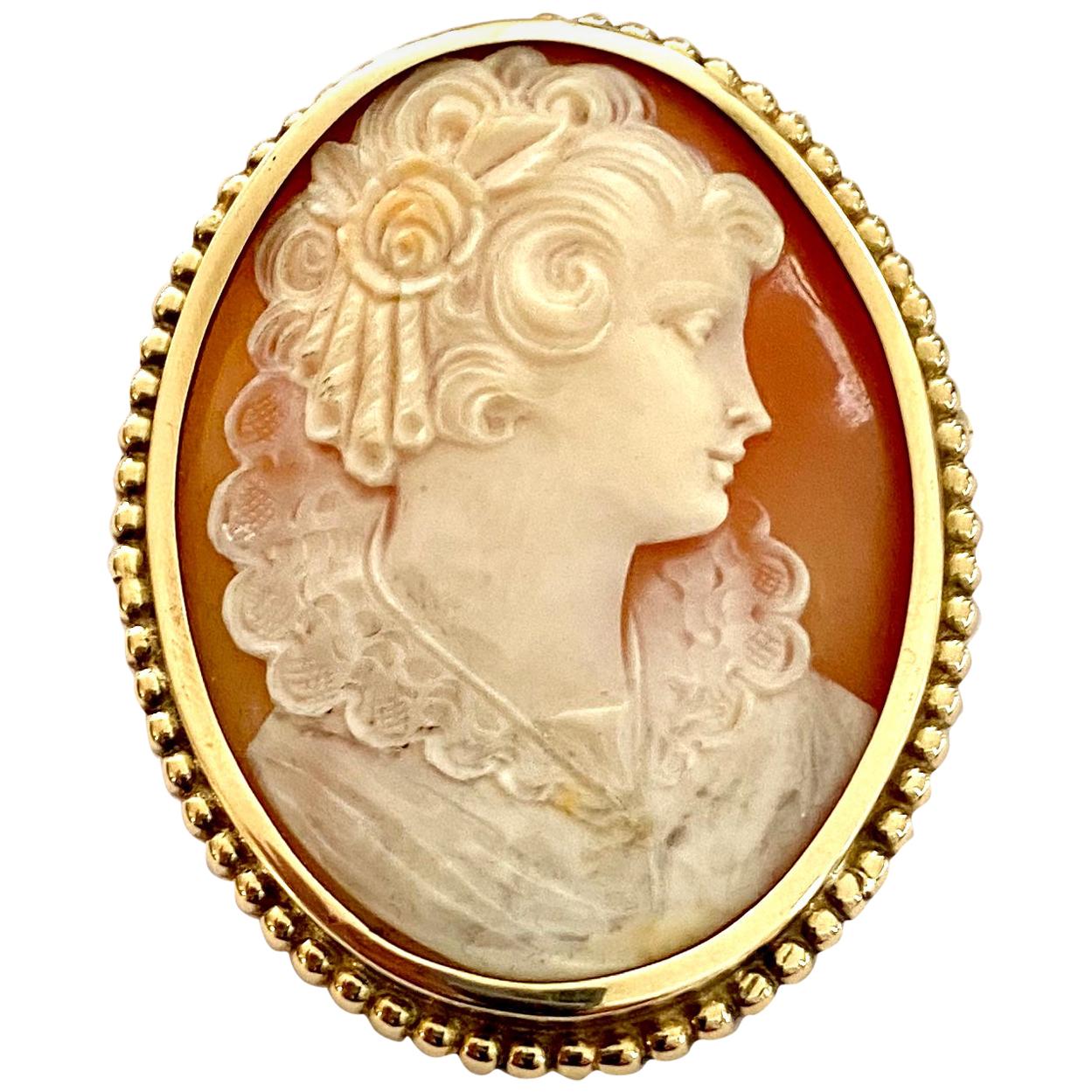 One '1' 14K Yellow Godl Brooch Set with One Oval Cameo, Natural Mother of Pearl For Sale