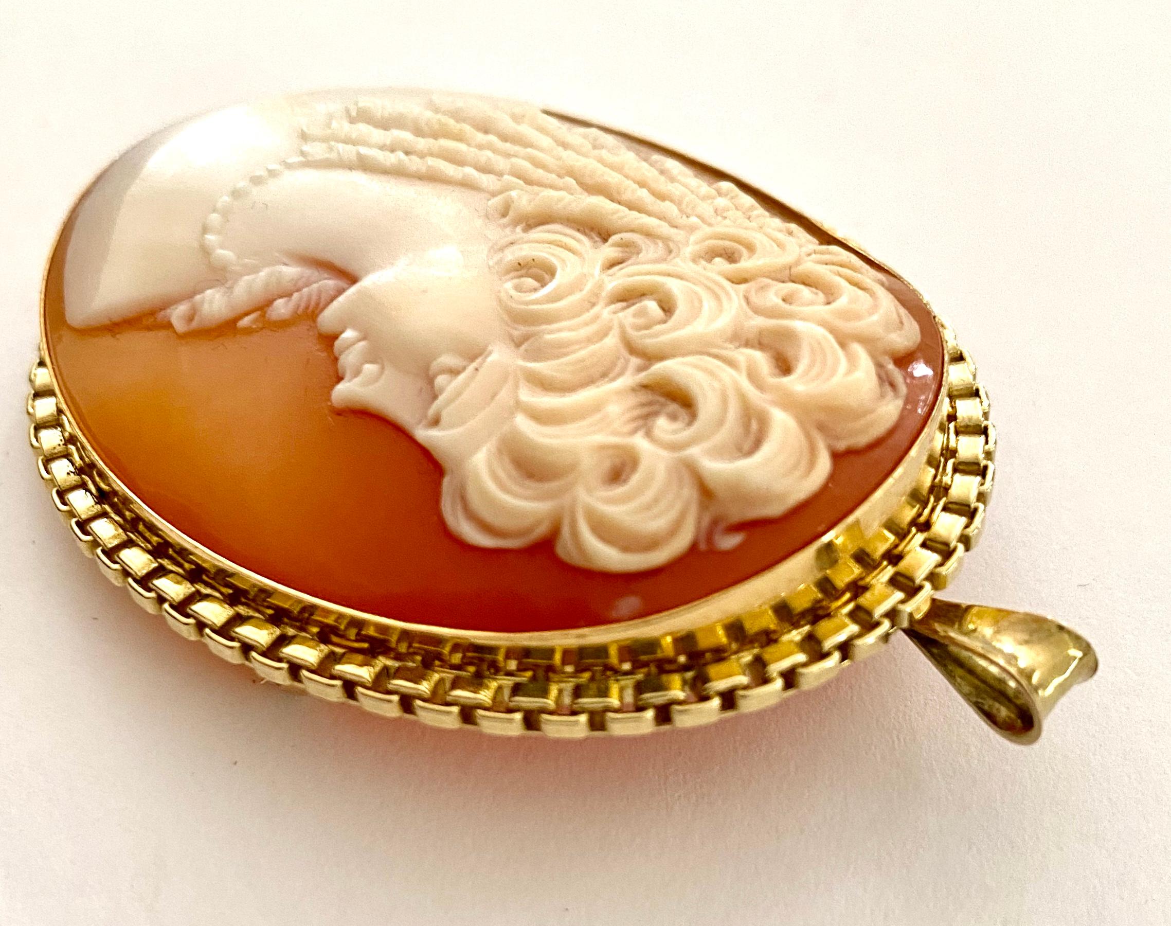 Modern One '1' 14 Karat Yellow Gold Brooch/Pendant Set with One Oval Cameo Nacre, 1960 For Sale