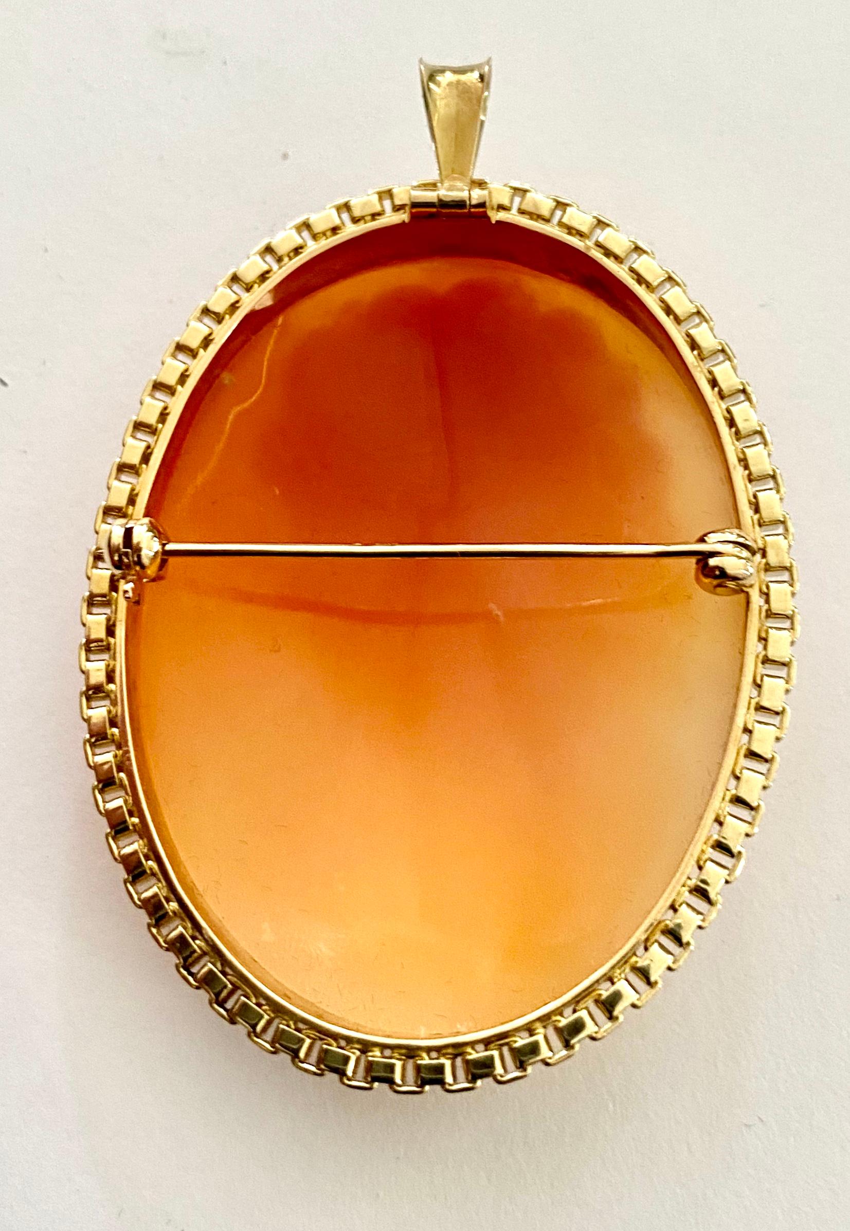 Women's One '1' 14 Karat Yellow Gold Brooch/Pendant Set with One Oval Cameo Nacre, 1960 For Sale