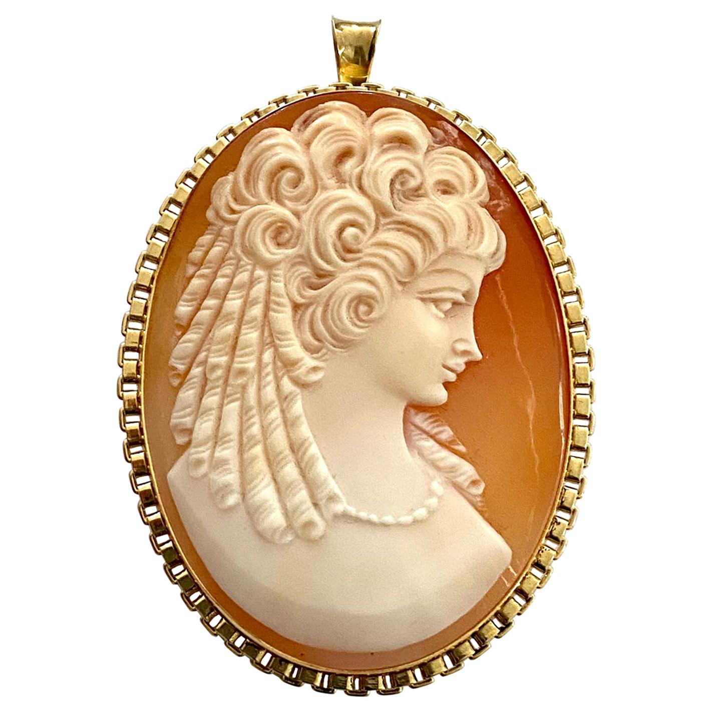 One '1' 14 Karat Yellow Gold Brooch/Pendant Set with One Oval Cameo Nacre, 1960 For Sale