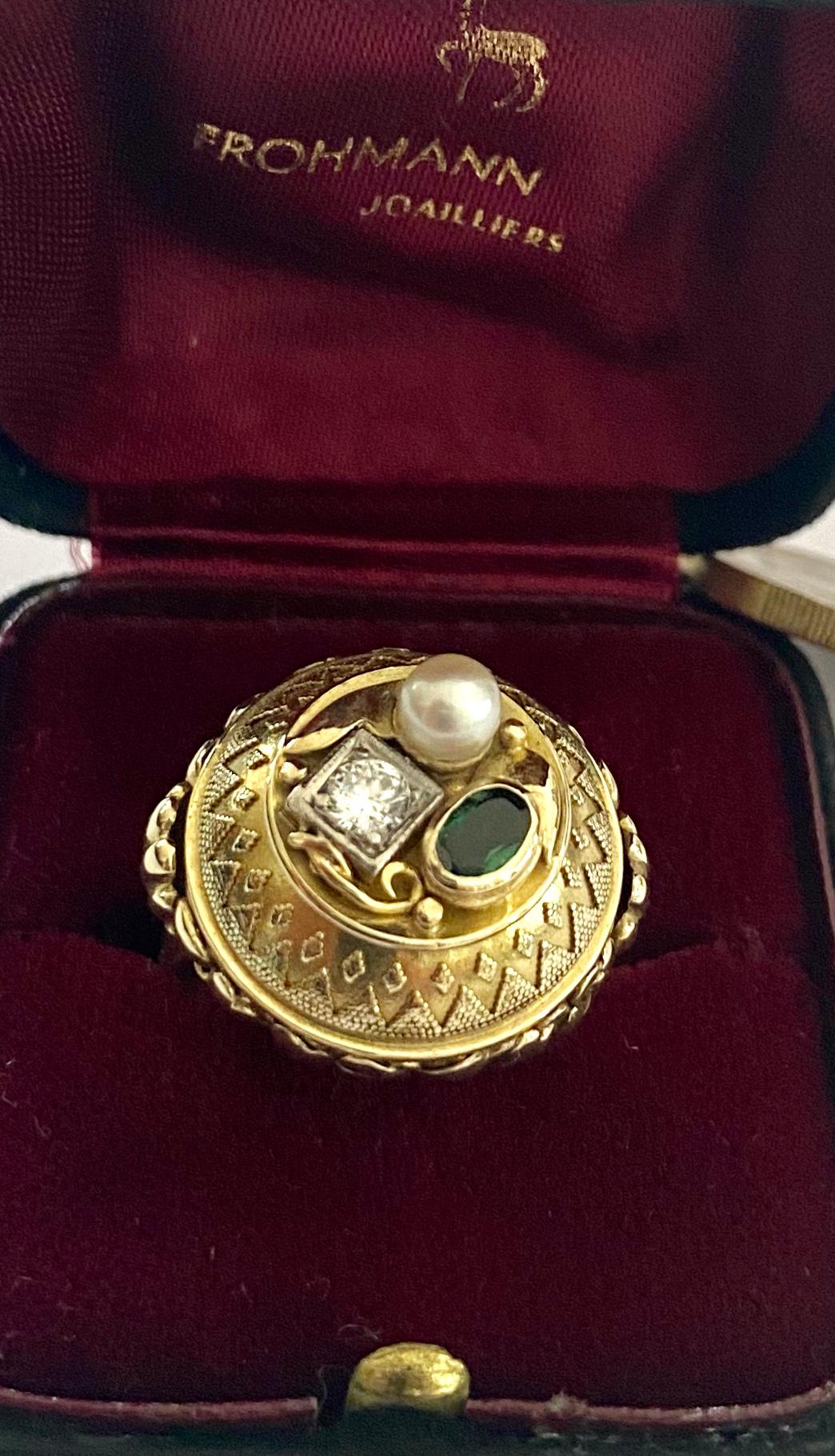 One '1' 14 Karat Gold Ring, Cocktail Model, 1 Diamond, 1 Tourmaline, 1 Pearl 3