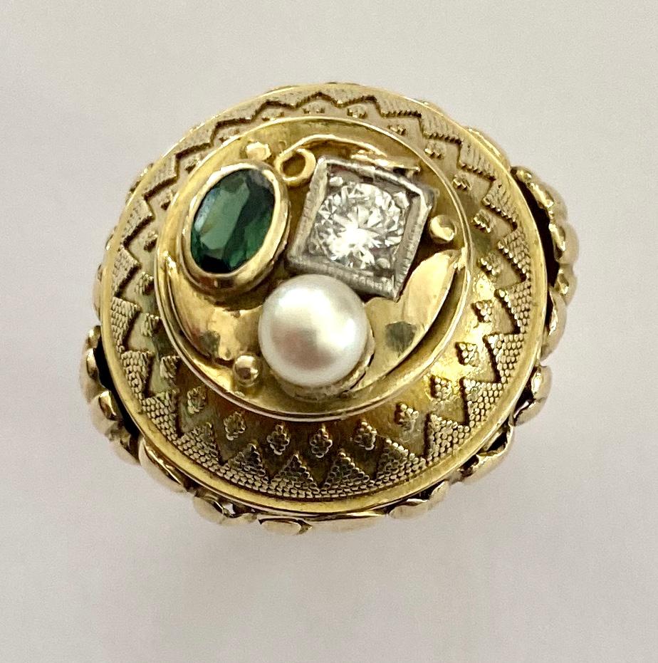 Etruscan Revival One '1' 14 Karat Gold Ring, Cocktail Model, 1 Diamond, 1 Tourmaline, 1 Pearl