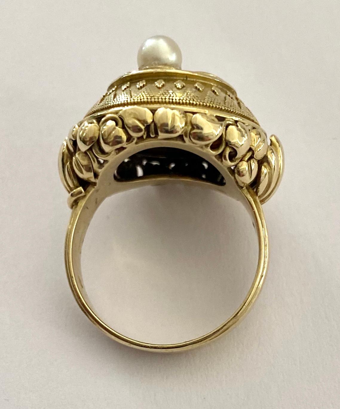 Women's One '1' 14 Karat Gold Ring, Cocktail Model, 1 Diamond, 1 Tourmaline, 1 Pearl