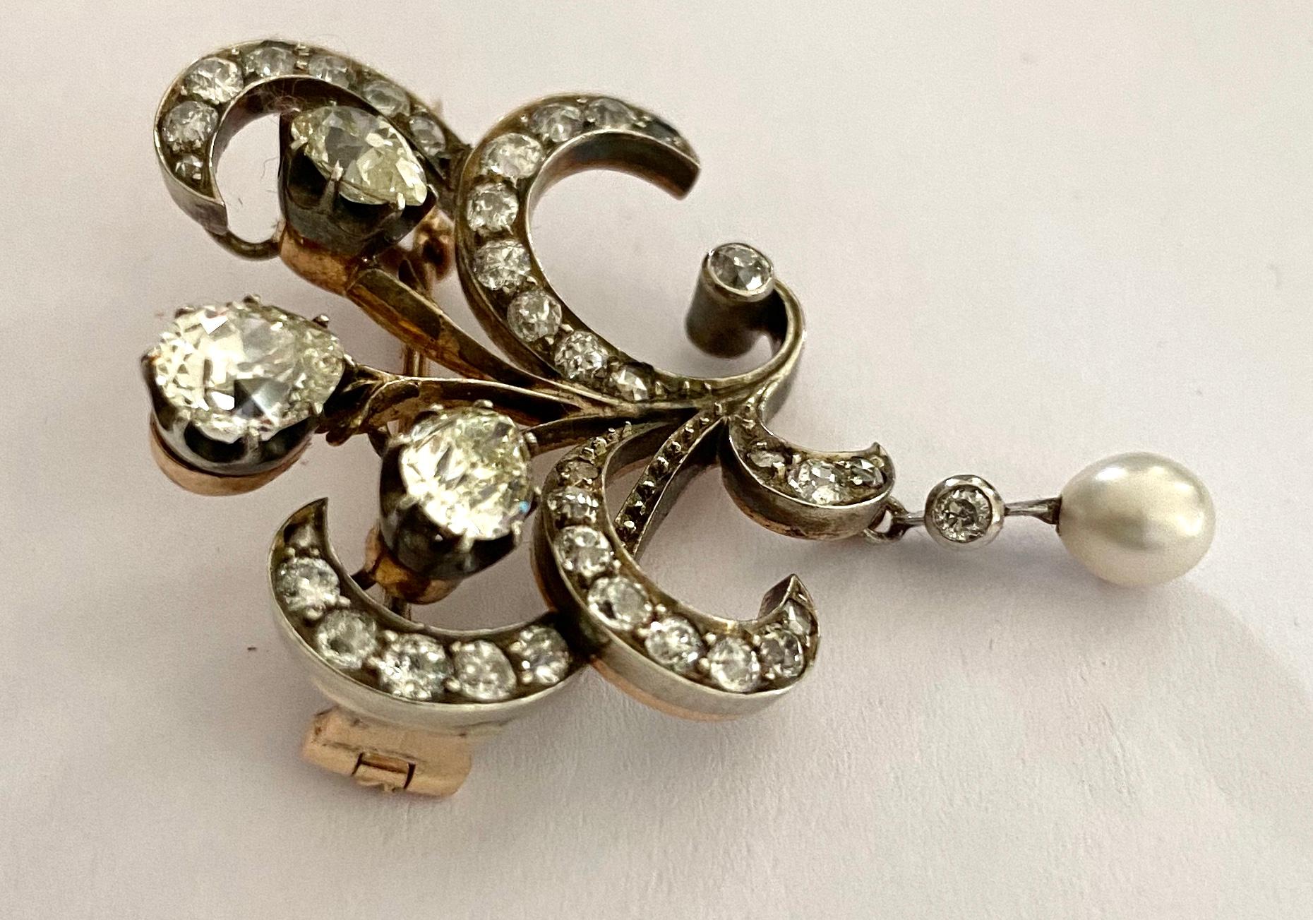 Pear Cut One '1' 14 Karat Yellow Gold, Silver Diamond Brooch, Signed Holland, 1925 For Sale