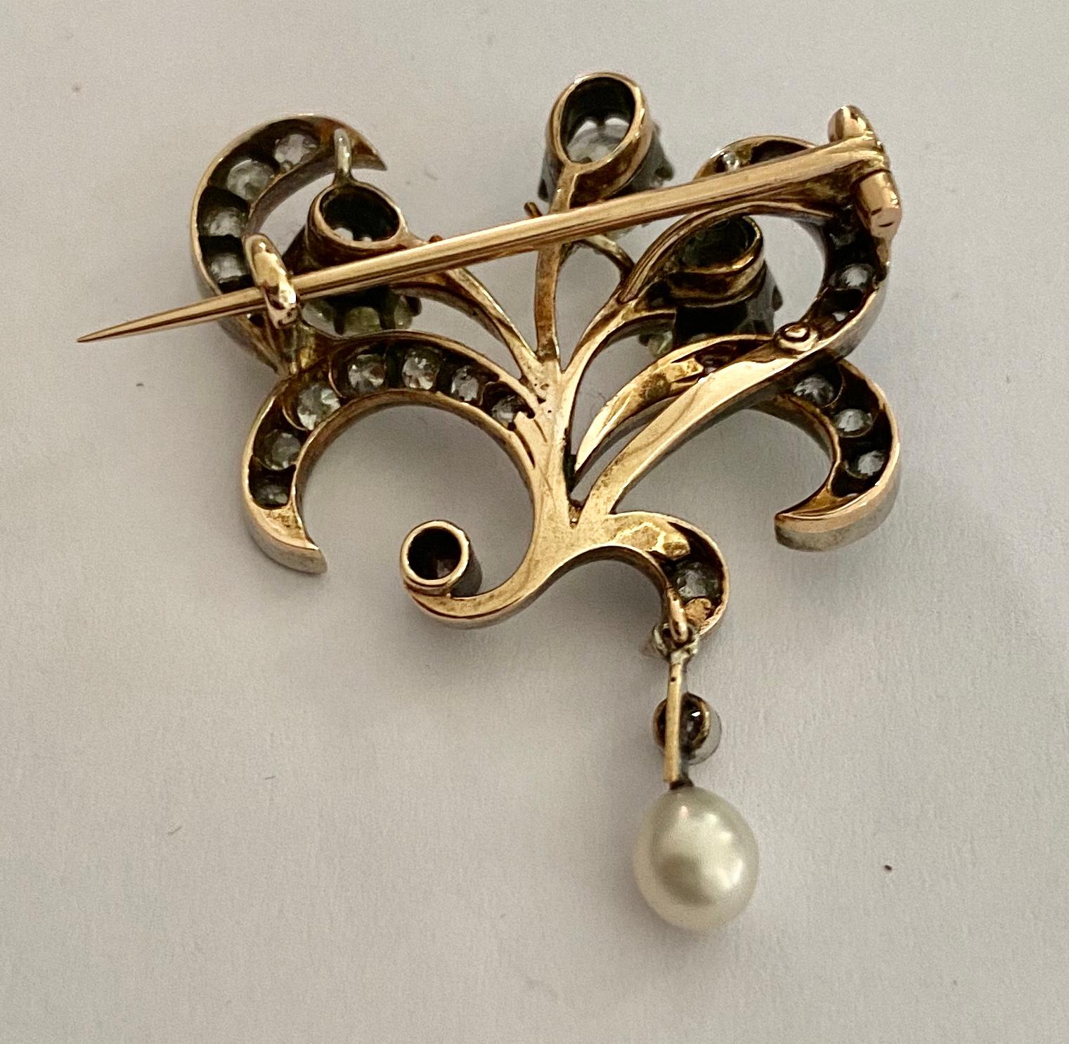 Women's One '1' 14 Karat Yellow Gold, Silver Diamond Brooch, Signed Holland, 1925 For Sale