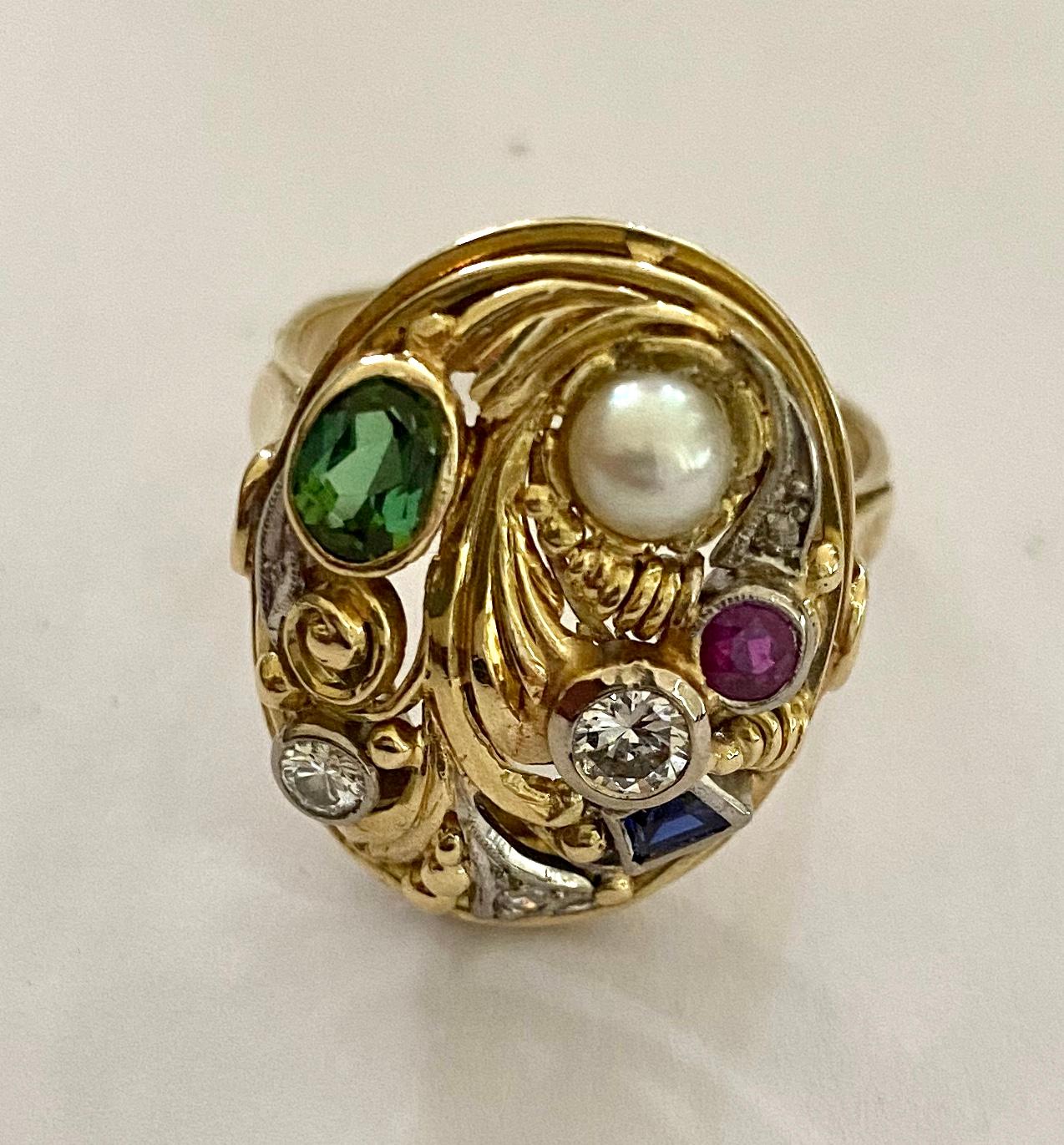Jugendstil One '1' 14K Yellow/White Gold Cocktail Ring, Set with Diamonds, Pearl and Ruby