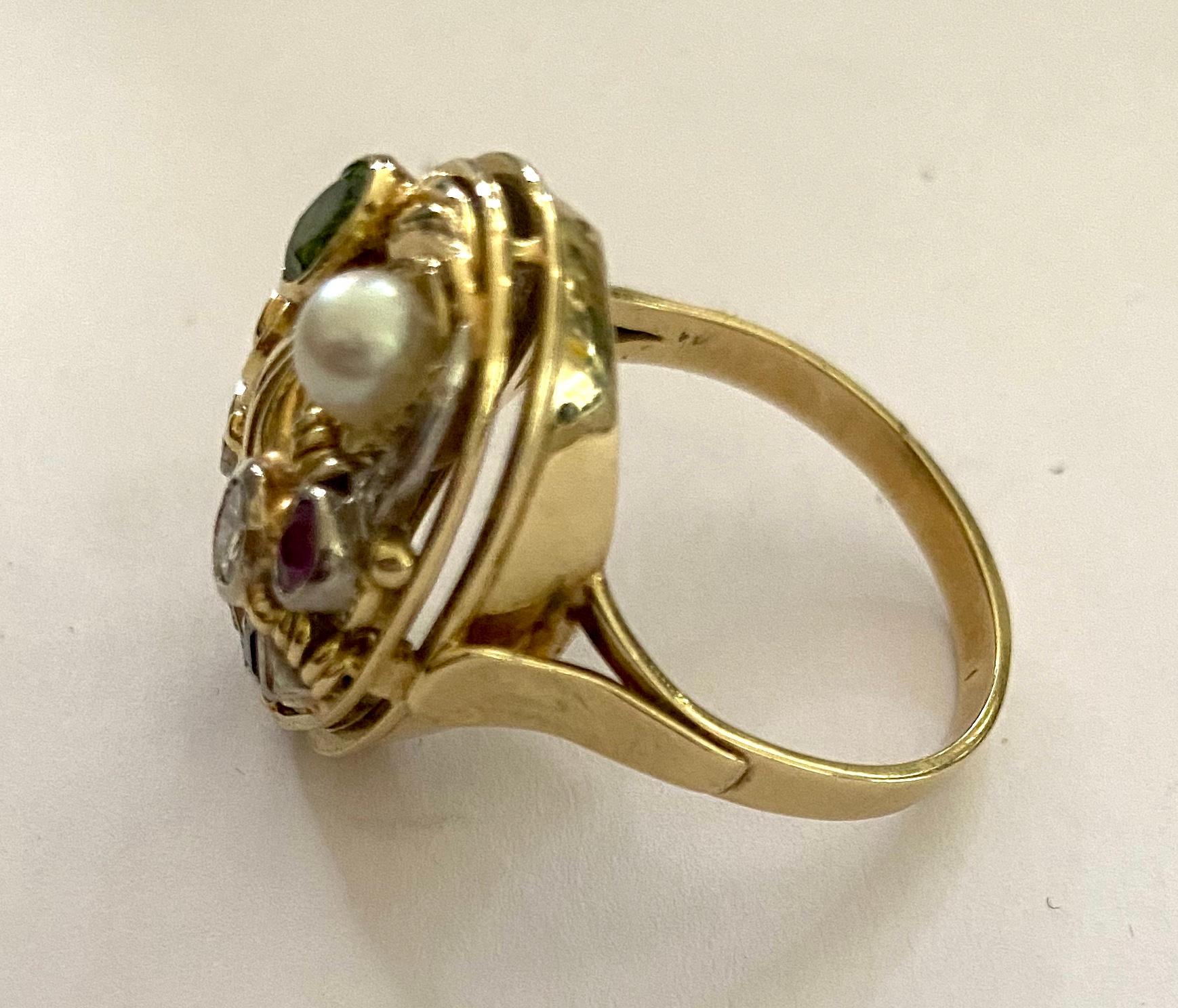 Old European Cut One '1' 14K Yellow/White Gold Cocktail Ring, Set with Diamonds, Pearl and Ruby