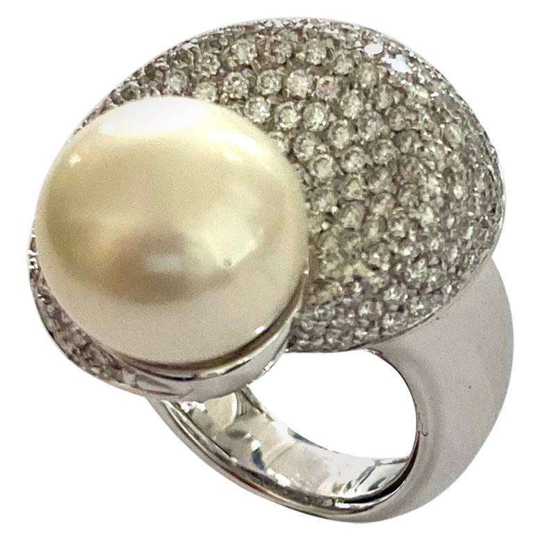 One '1' 18 Karat Gold Ring, Set with Cultered South See Pearl and 218 Diamonds For Sale