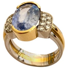 One '1' 18K White & Yellow Gold Ring, 1 Sapphire and 14 Diamonds, Handmade, 1980