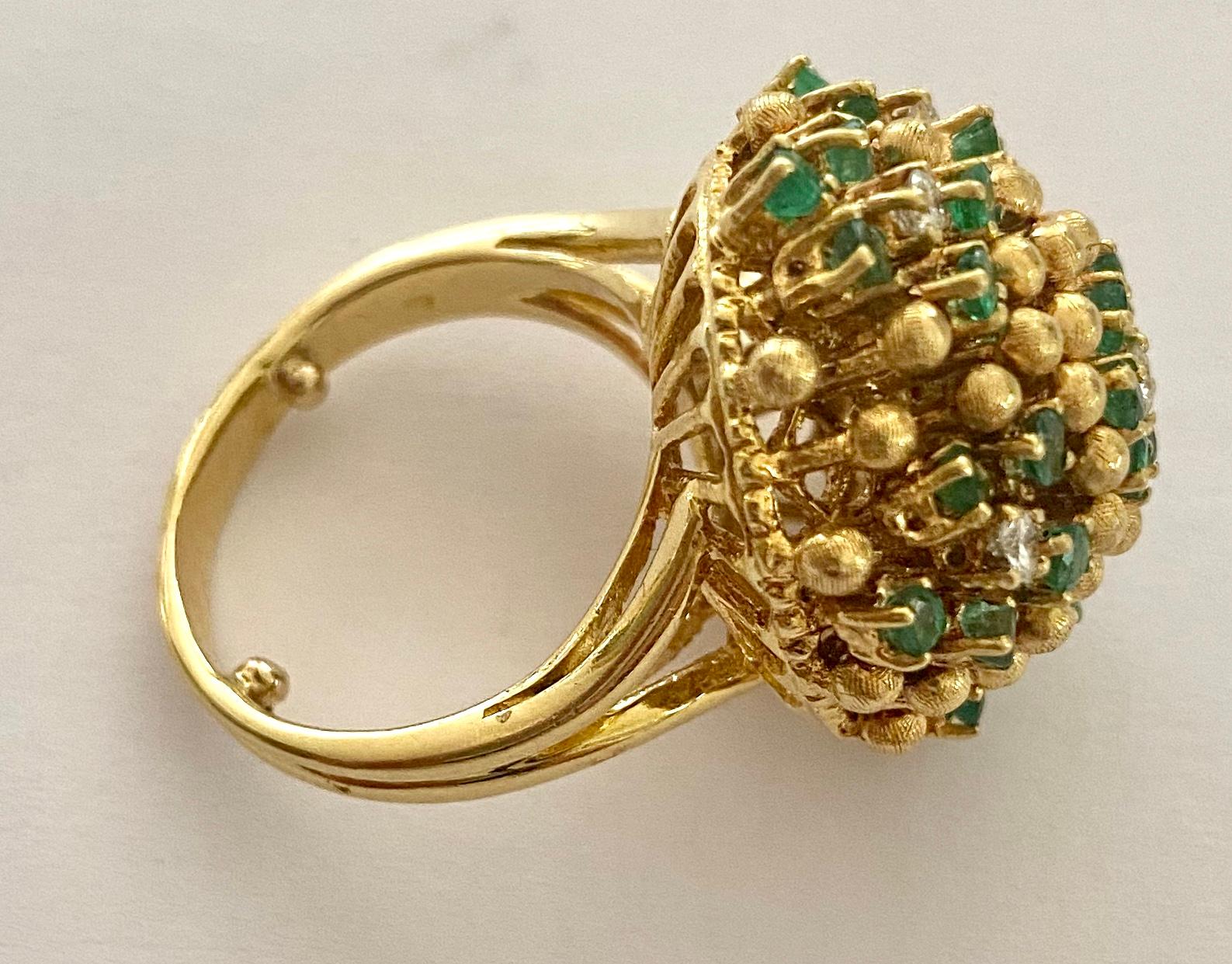 Brilliant Cut One '1' 18 Karat Gold Cocktail Ring Set with Diamonds and Emeralds, Italy, 1960
