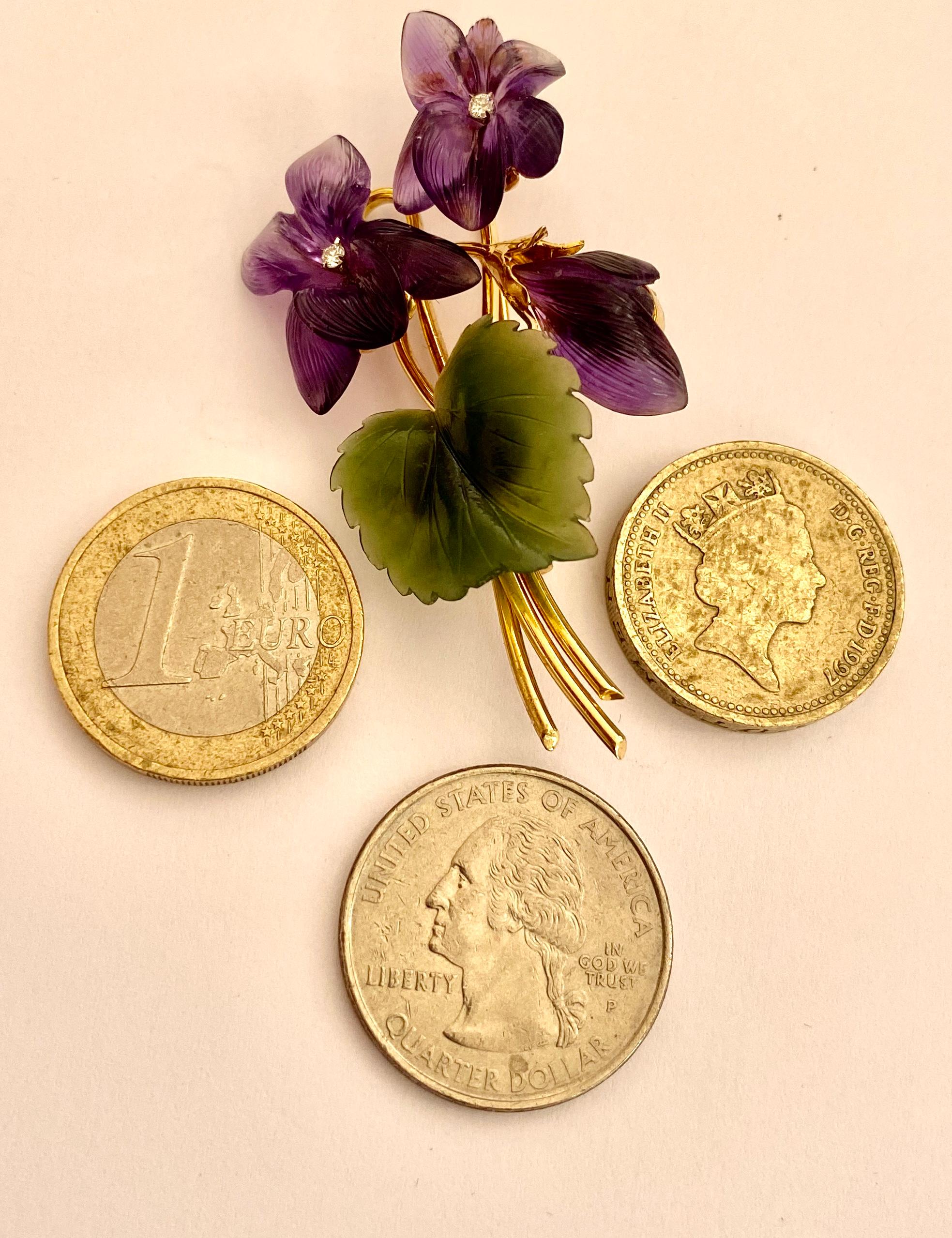 Women's One '1' 18 Karat Gold Flower Bouquet Brooch, Nephrite, Amethyst and Diamond