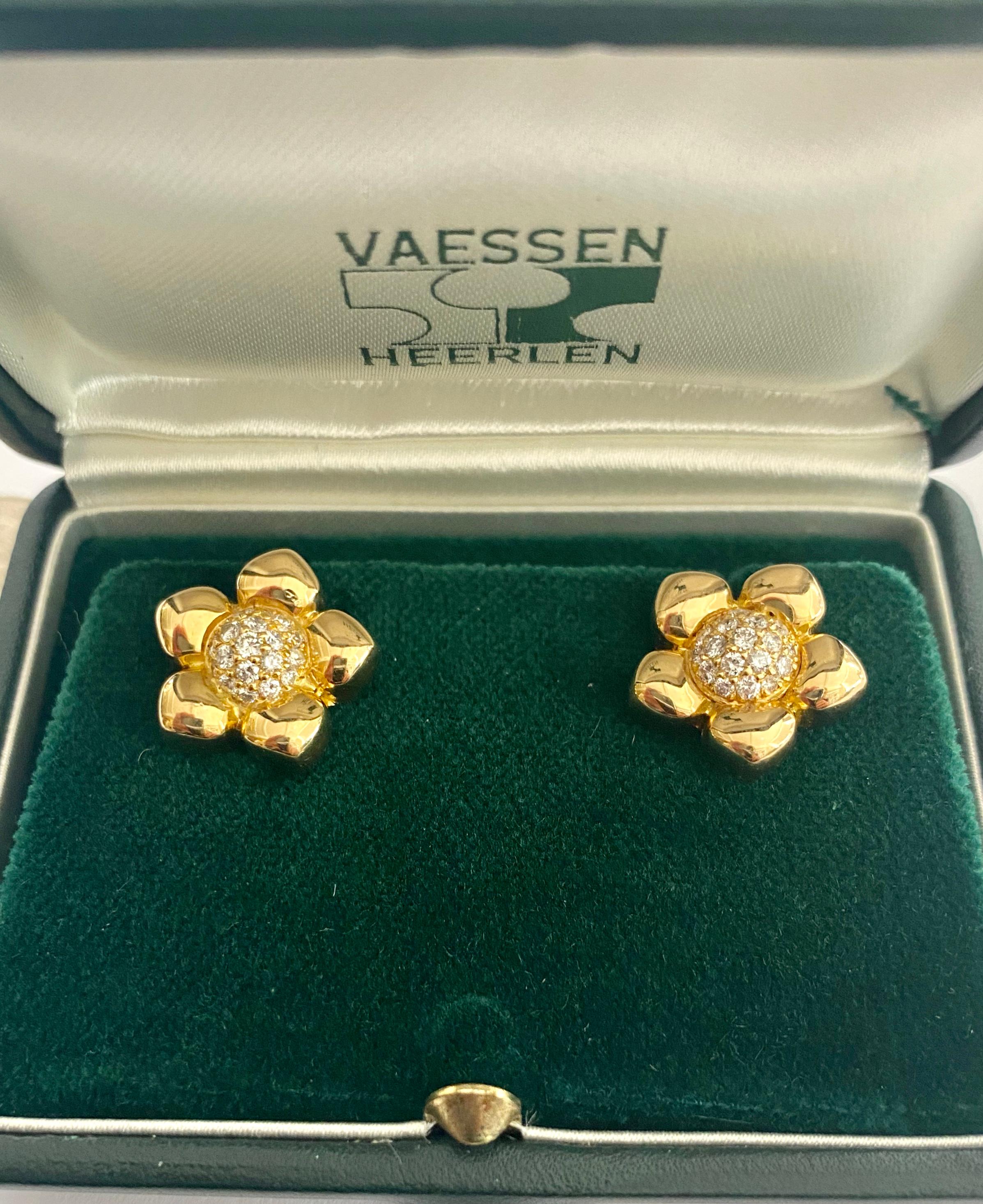 Women's One '1' 18 Karat Yellow Gold Pair of Earrings, Set with 38 Diamonds, France 1970