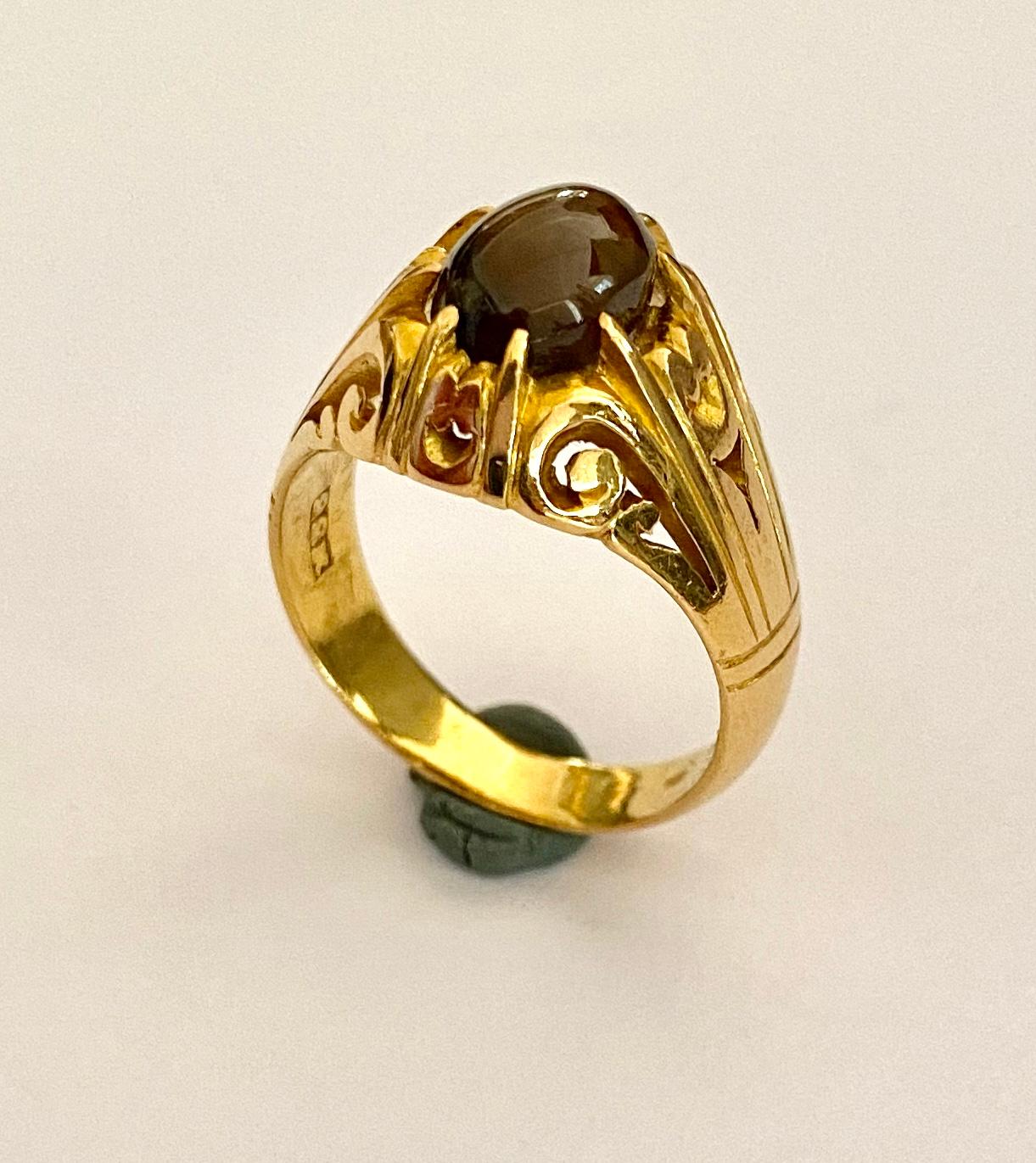 22K. = 916/000 Golden Handmade Ring. 
One Oval Cabuchon Natural Chrysoberyl, Cat's Eye:  4.80 ct Deep Brown 
(This stone has a Chatoyancy Optical Effect in it)
Made in Indonesia  ca. 1930
Weight 9.79 grams
Size  18.5 (58)  8.25   (R), We can make