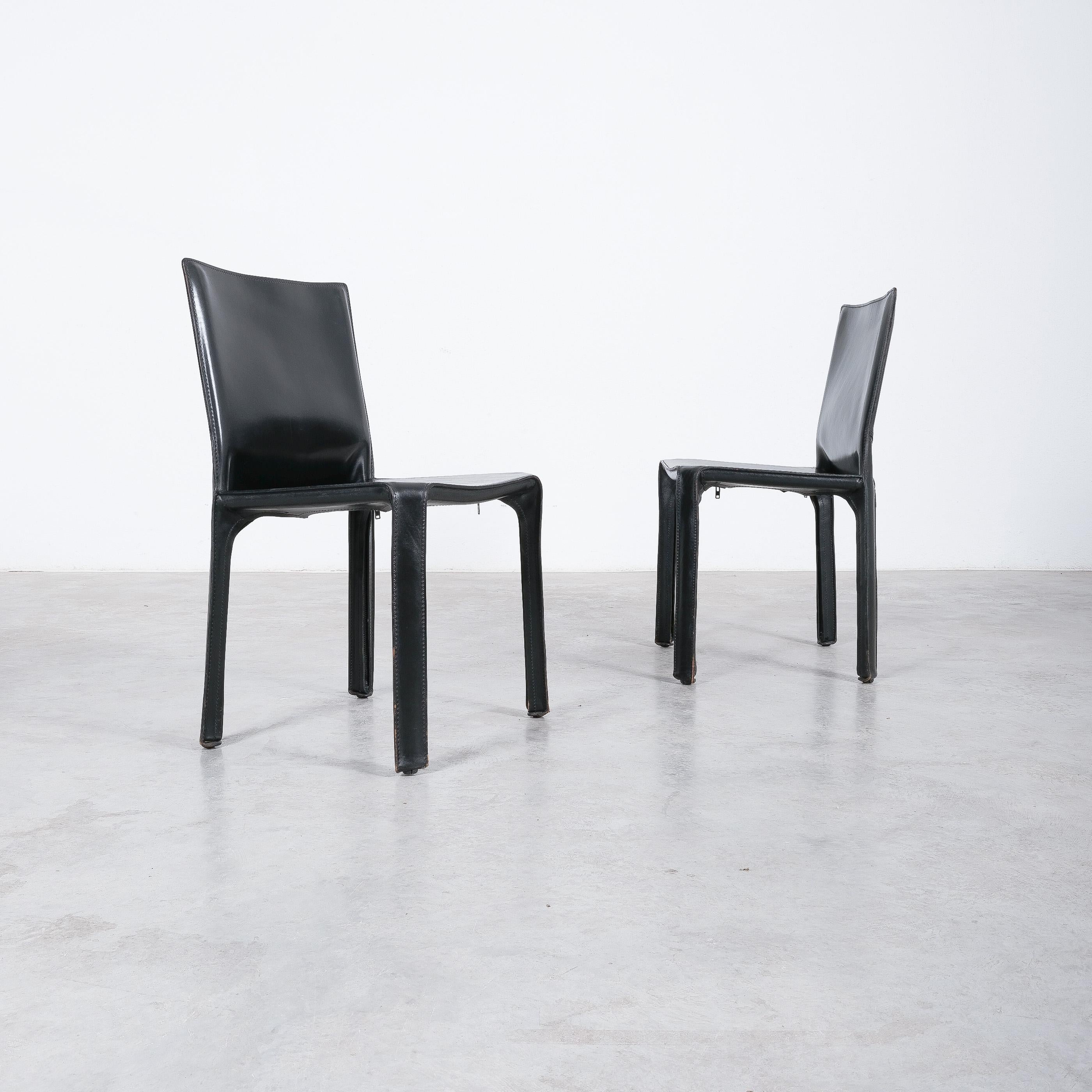 Steel One (1) of 20 Black Leather Dining Chairs by Mario Bellini Cassina Cab 412