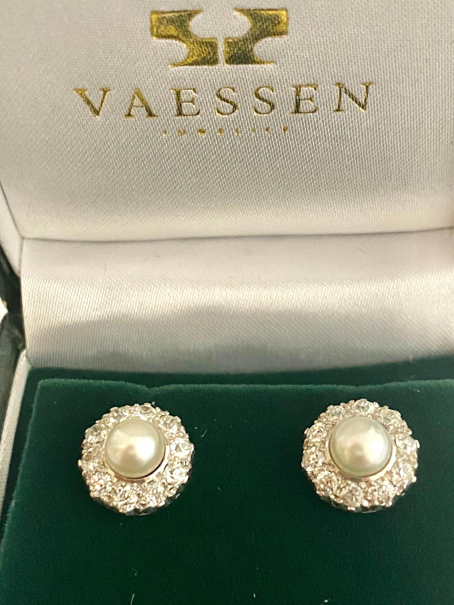One '1' Pair of 14 Karat White Gold Ear Rings, Round Cult Pearls and 20 Diamonds 3