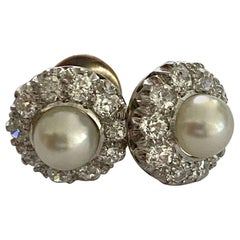 One '1' Pair of 14 Karat White Gold Ear Rings, Round Cult Pearls and 20 Diamonds