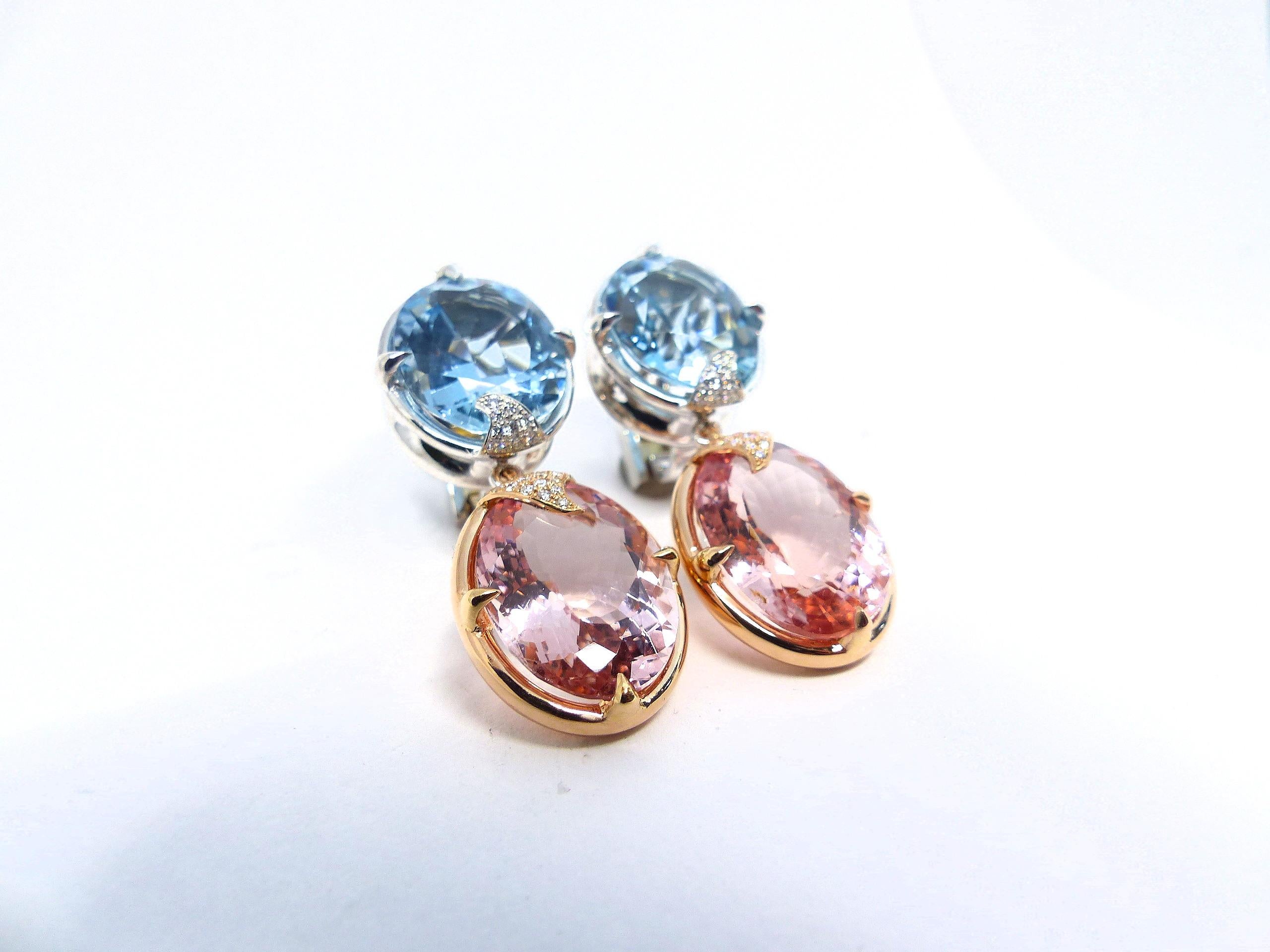 Contemporary Earrings in White/Red Gold with 2 Aquamarines and 2 Morganites and Diamonds. For Sale