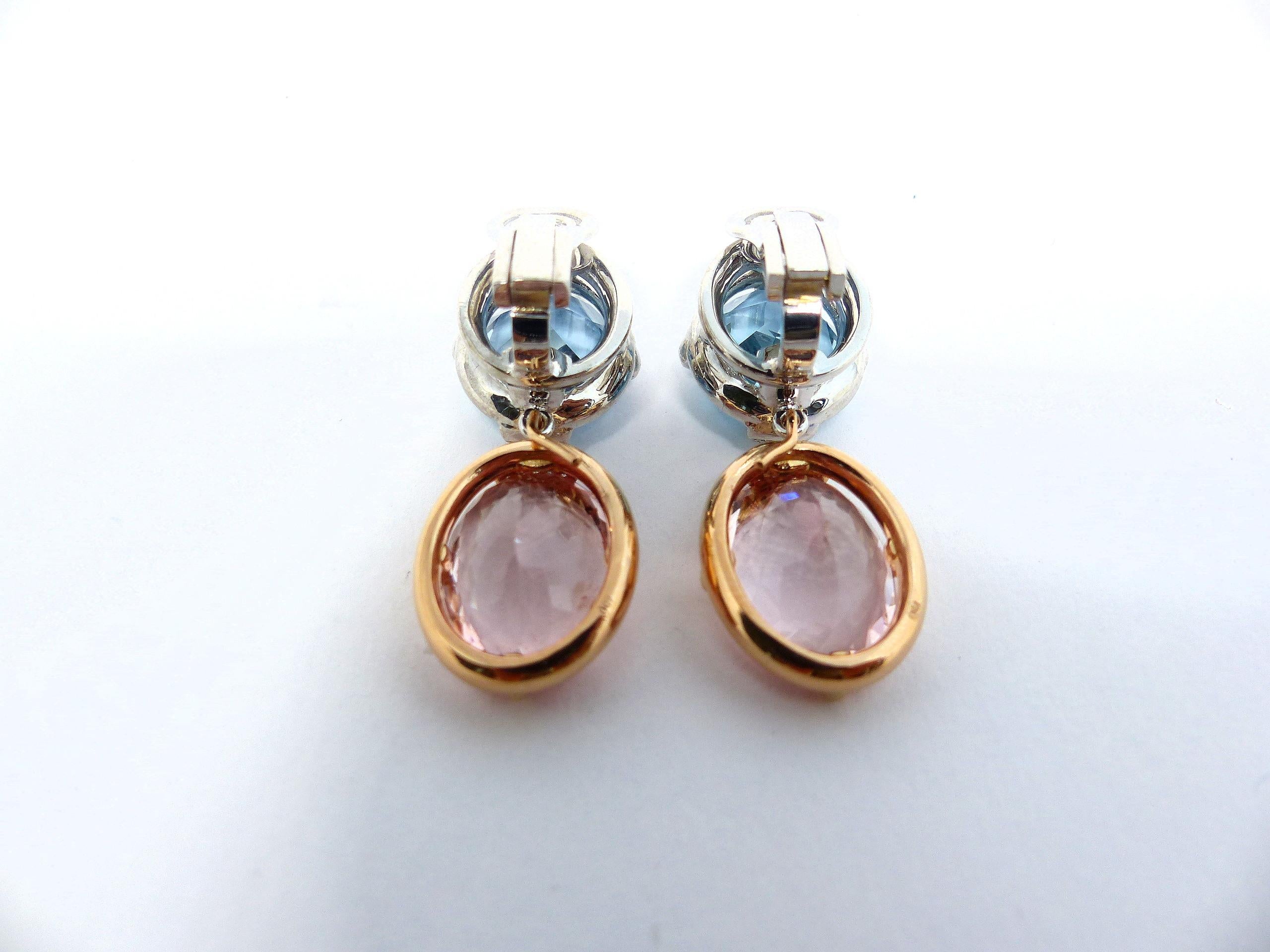 Oval Cut Earrings in White/Red Gold with 2 Aquamarines and 2 Morganites and Diamonds. For Sale